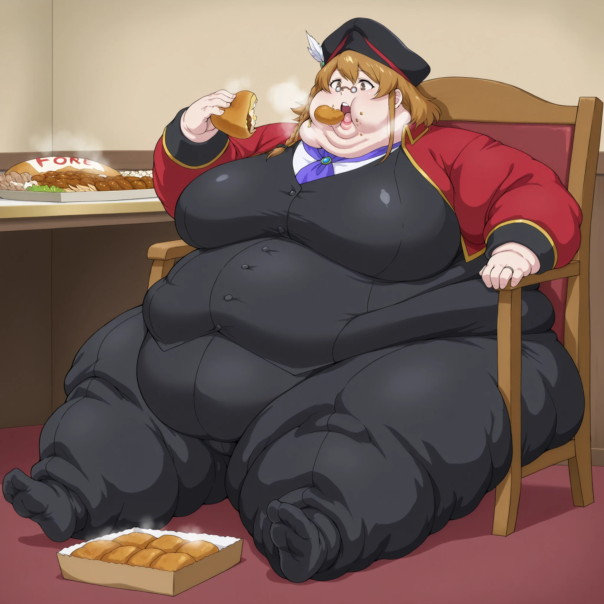 guildreceptionist, glasses, black headwear, large breasts, fat, chubby, obese, fat neck, multiple chins, big breasts open mouth, out of breath, Larger female, full body shot, only head, large head, oversized limbs, large hands, large feet, oversized feet, oversized fingers, big lips, plump lips, fat face, fupa, big fupa, fat fupa, hunchback, on knees, food on floor, in front of tones of food, eating food, food in mouth, force fed, force feeding, rush of food, reclining back on chair, Extremely obese puffy puffy fat Body Length