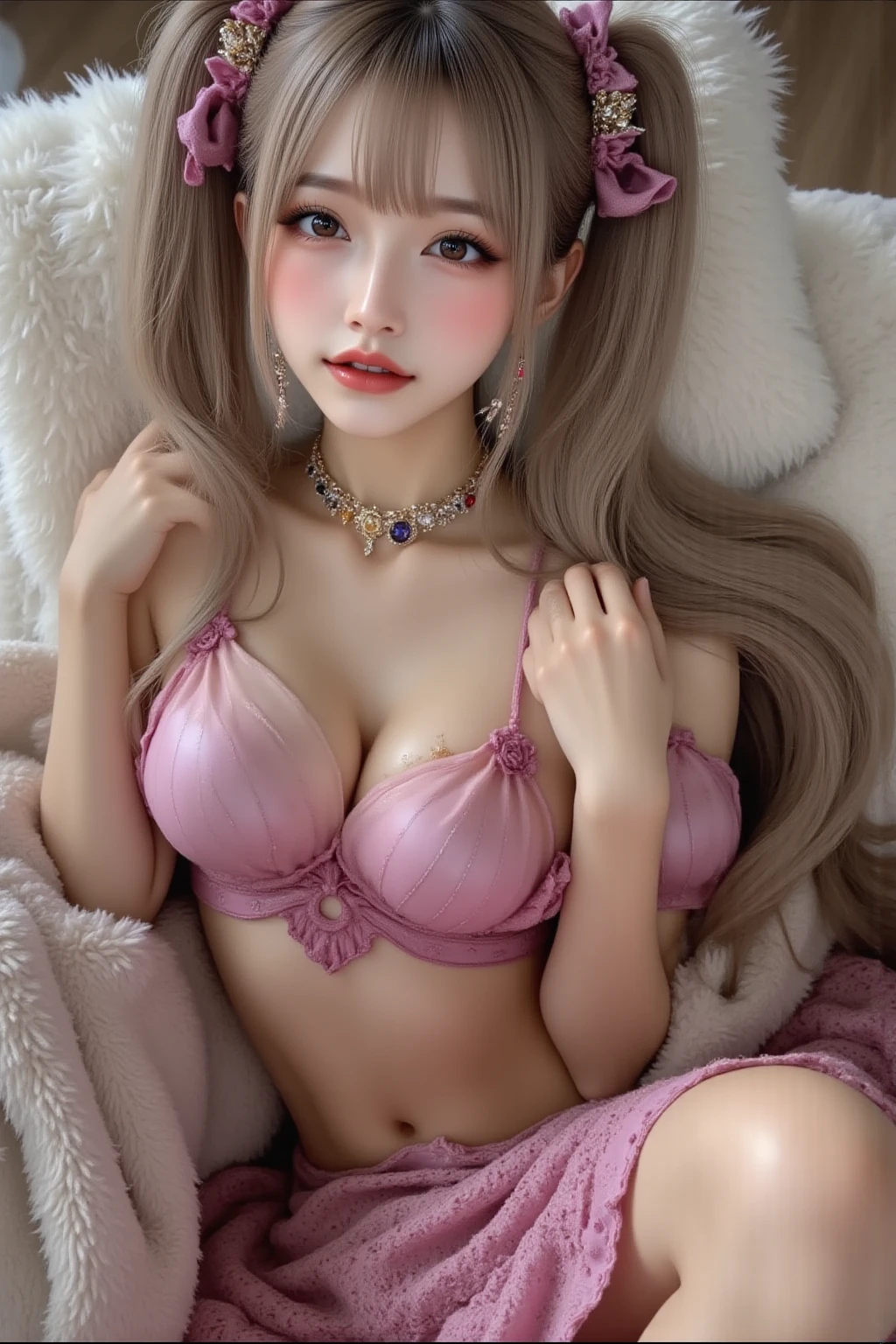 (big breasts)、Sexy cute looks and cute 15 year old beautiful girl, Beautiful and sexy face、The strong wind blows the hair in front of my face、((Beautiful blonde with cute long straight hair)), Sexy eyes hidden behind long bangs,slightly dark skin, height: 156cm,troubled eyes,((slightly droopy eyes)),(((whole body))),((black )), Pale pink  and  are visible,(Lying on your back on the bed in the bedroom),(((Angle from above))),(((She  wide、You can see the line of the )))