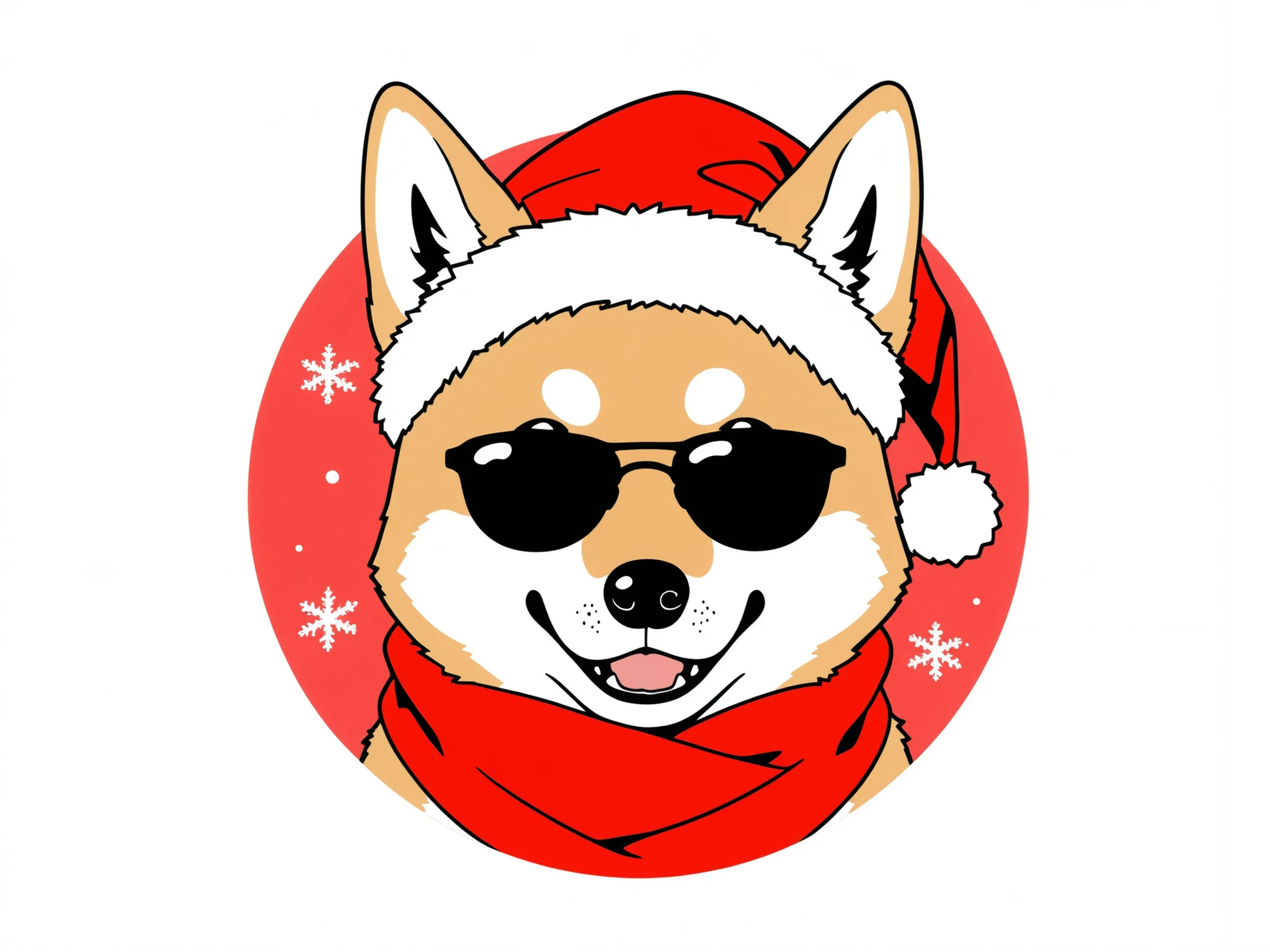 (Flat design:1.4), (Vector art:1.4), (icon, circular composition:1.3), solid color background, clean lines, crisp edges,simple, minimal color palette,
Shiba Inu cute face icon, dog, front view, (wearing thick black sunglasses, Santa's cap, red scarf,)
