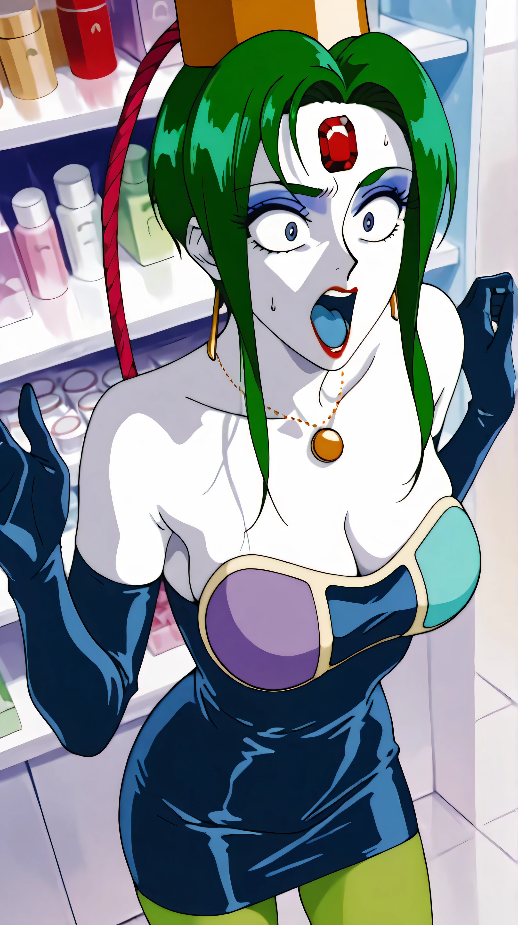 score_9,score_8_up ,score_7_up ,so pretty:5.0, masterpiece, high definition, ,she has a perfect face:5.0, very cute face, full nude :5.0, retro anime style, , heavy makeup:9.0 , green hair, white skin:5.0 , Red jewel on forehead, Red Lipstick, big bright blue eyes, very surprised expression , , , , gold round necklace with raised hands, Slightly slim, very large eyes, Very dark eyeliner, white cosmetic shelf, Wide Open Mouth, Blue Tongue, very desperate face, very thick eyeliner, I look back at the store, I took a step back, I begged for my life, I'm scared, top angle, white cosmetics store shelf, navy blue latex bodycon dress, green pantyhose, dark blue super long gloves, gold cap with red hose, very wide open hand, wide open legs, Slightly smaller breasts