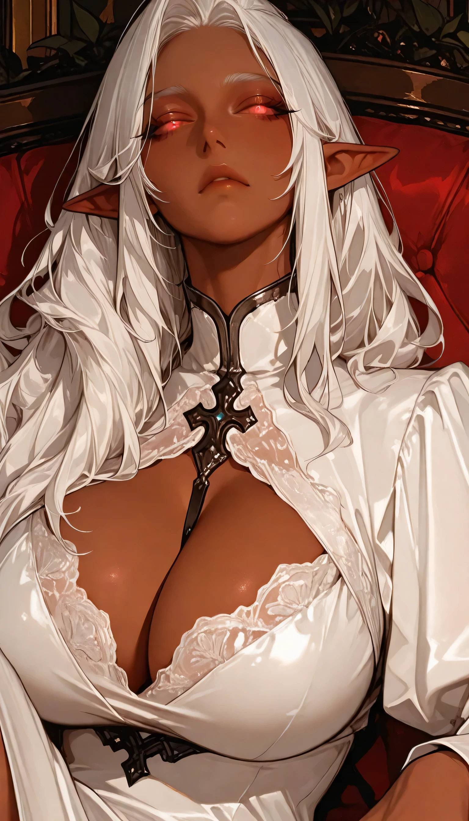 Score_9, score_8_above, score_7_above. Ororo Munroe, white hair, neon crimson eyes, dress, cleavage, cold eyes, elf ears, frown, close up, beautiful dress, sitting, , huge breasts 1.2,dark-skinned woman. Masterpiece, best quality, (ultra detailed), incredible quality, very aesthetic, illustration, perfect composition, intricate details, absurd, incredibly absurd. Intense eyes, glowing eyes