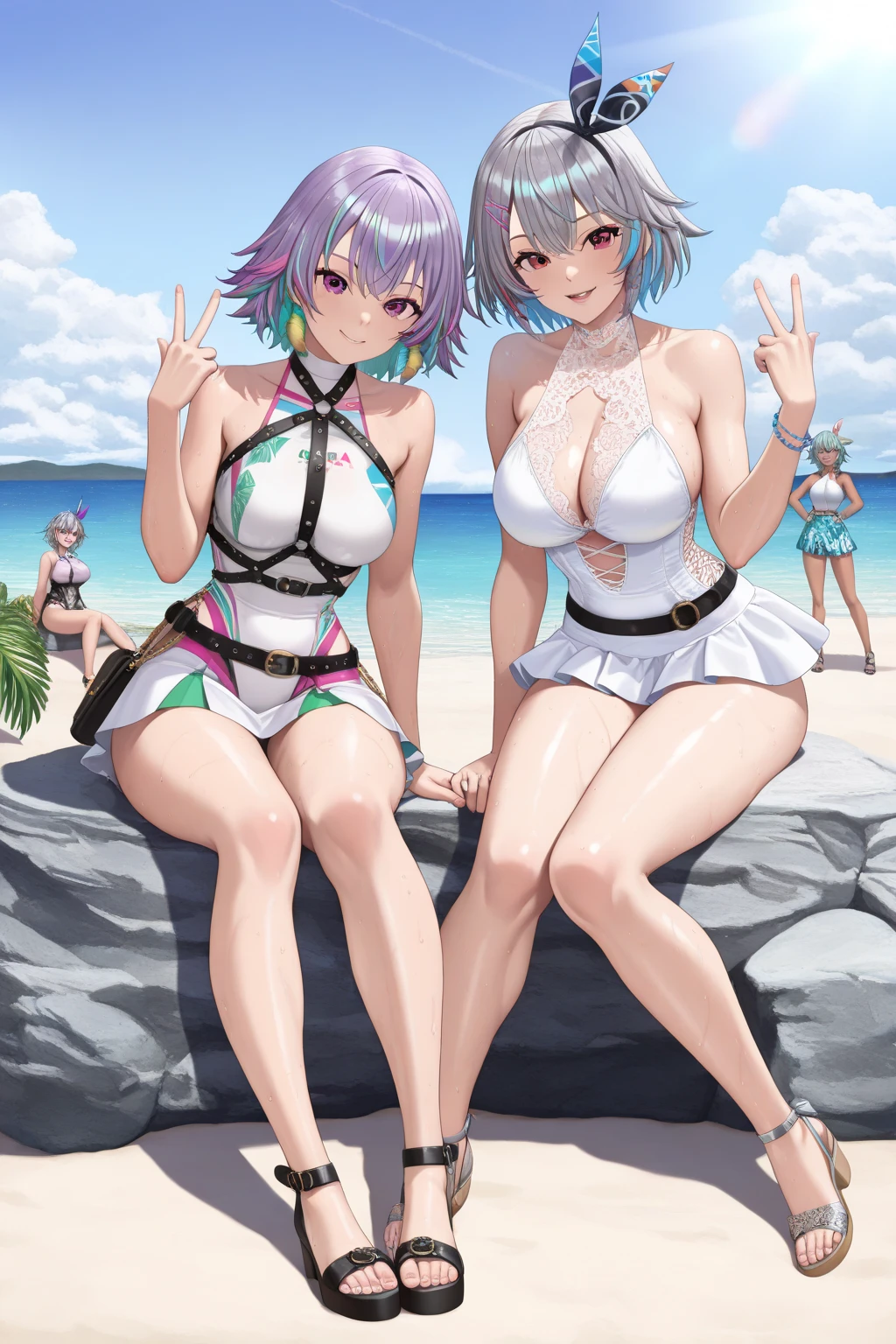 work of art,high resolution,breastsout, arms behind the back,swimsuit wear, 1 girl, 比基尼, offwhite_比基尼, nube, animal_ears, cerulean_sky, oceaphi, sky, body hair_ornament, wphier, blackw_body hair, giorno, far away_body hair, bracelet, wandering, big fit ass_breastsout, jewerly, ssmile, gazing_phi_viewer, blush, plein-air, avo_gura, body hair_flowers, humida, nubey_sky, へそ, flowers, Glow Up, work of art, best qualityer,