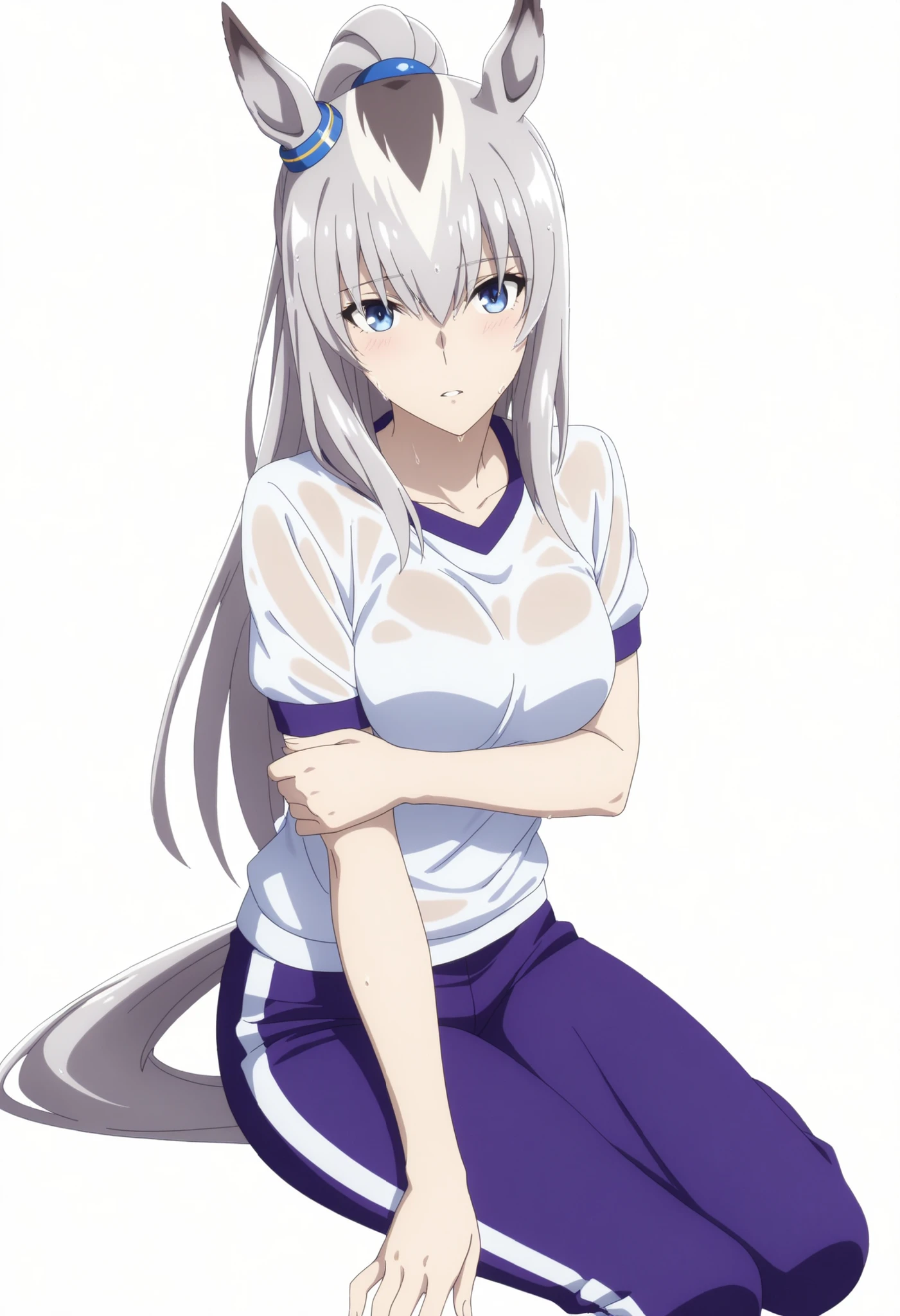 Oguri,,Uma Musume, cowboy shot, traditional media, light embarrassed, covering private,((dutch angle)),from above,
high quality , Highest Quality , masterpiece, high resolution , detailed face( Lola: Oguri),anatomically accurate, detailed hair(Lola: Oguri) ,Detailed Bang(Lola: Oguri),Anime Coloring Book, anime screencap, anime coloring, wet hair,
solo, 1 Girl, , LONG HAIR, Horse Years,(white hair), stupid hair, horsetail, Blue Eyes, (hair over eyes),(wispy bangs:1.5),((tsurime:1.2)), Coloured Hair, high ponytail, (detailed hair, long bangs),
gym white T shirt, purple Jersey pants, long pants, thighs, ((aged up:1.2)),(medium breasts), (pale skin), ,
looking at viewer, head tilt, , (white background, simple background), (hold own arm, arm under breasts),
parted lips, (sitting, yokozuwari), (see-through lace bra:0.8),