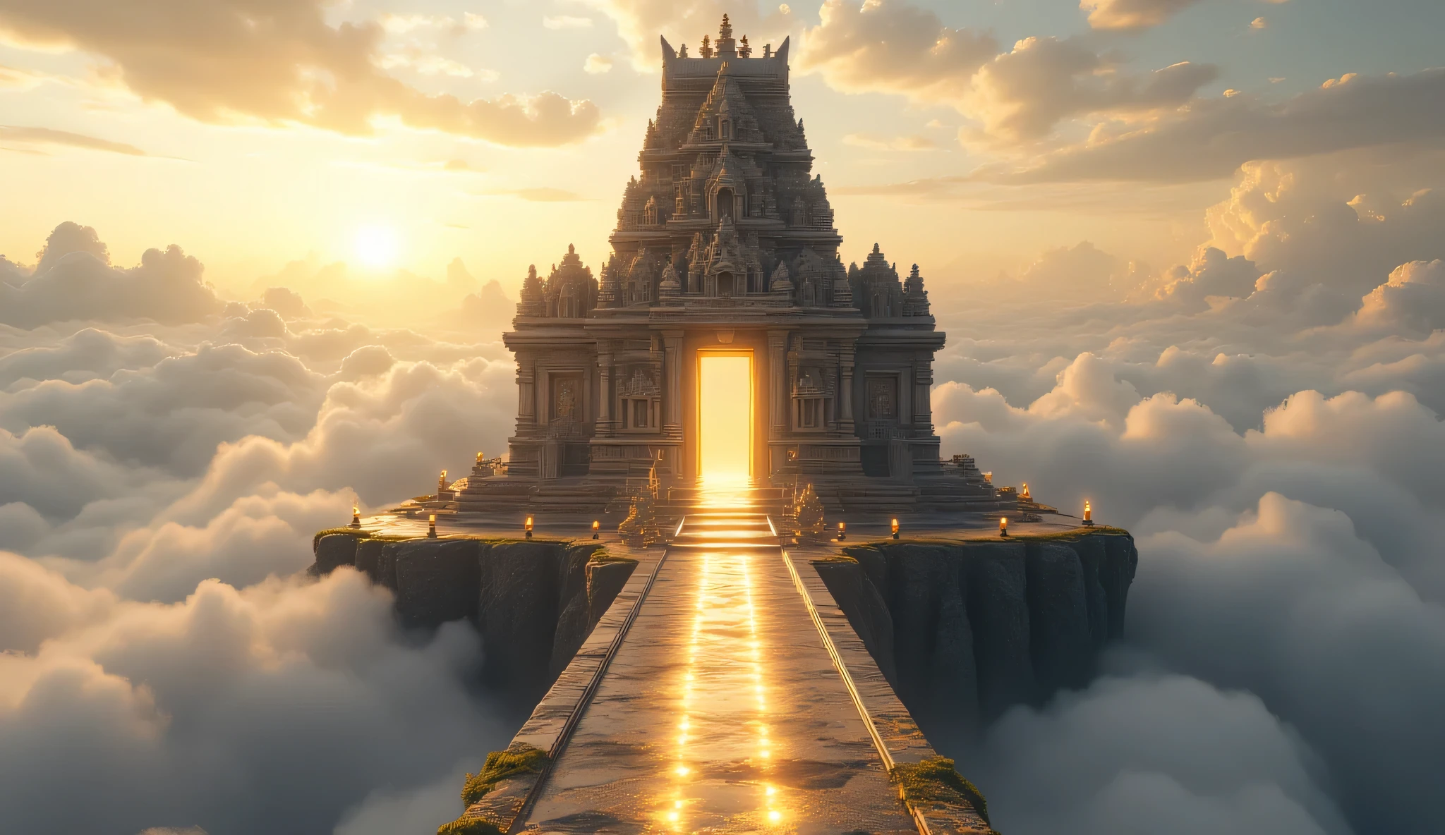 An ultra-realistic, cinematic front-facing photoshoot of a majestic Hindu temple floating in a celestial spiritual realm above the clouds, captured in a perfectly centered, symmetrical front view. The temple is designed in traditional South Indian architectural style, with a towering gopuram rising straight upward in the exact center of the frame, covered in intricate stone carvings of divine gods, celestial beings, sacred yantras, lotus patterns, and spiritual symbols, all visible directly from the front in razor-sharp detail.
The entire temple floats gracefully on a glowing spiritual rock platform suspended in the sky, surrounded by vast oceans of soft, rolling white and golden clouds. Below the temple, layers of luminous clouds drift slowly, creating a heavenly depth and divine sense of elevation. The background is a radiant spiritual sky filled with soft golden light, subtle pastel colors, and faint cosmic energy waves.
A grand, transparent light bridge made of pure divine energy extends straight toward the entrance, aligned perfectly with the camera’s front view. The stone steps face directly forward, covered in soft glowing spiritual moss. Golden oil lamps float gently near the entrance, casting a warm, divine glow onto the temple walls and carvings.
Radiant god rays descend vertically from above, illuminating the temple with heavenly light. Floating golden particles shimmer throughout the air, creating a sacred, otherworldly atmosphere. The scene feels peaceful, powerful, and divine — like a sacred place of the gods beyond the physical world.
Captured in ultra-detailed RAW photorealism, 8K resolution, HDR, global illumination, physically accurate lighting, razor-sharp stone textures, realistic cloud softness, cinematic depth of field, soft ambient glow, subtle film grain, volumetric lighting, long-exposure feel, Unreal Engine–level photorealism, National Geographic–level sharpness, hyper-realistic, divine, spiritual, ethereal.