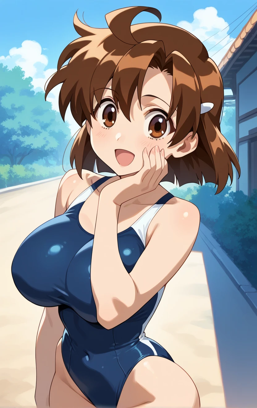 (look), 1 girl, alone, hot spring,,hair ribbon, Completely ,:,,beautiful ,,Striped pattern,,,open both eyes, clear eyes,open your mouth, ((1990s (style)), cleavage, 視聴者をlookいる, sit, cowboy shot, ((retro artstyle)),  smile,