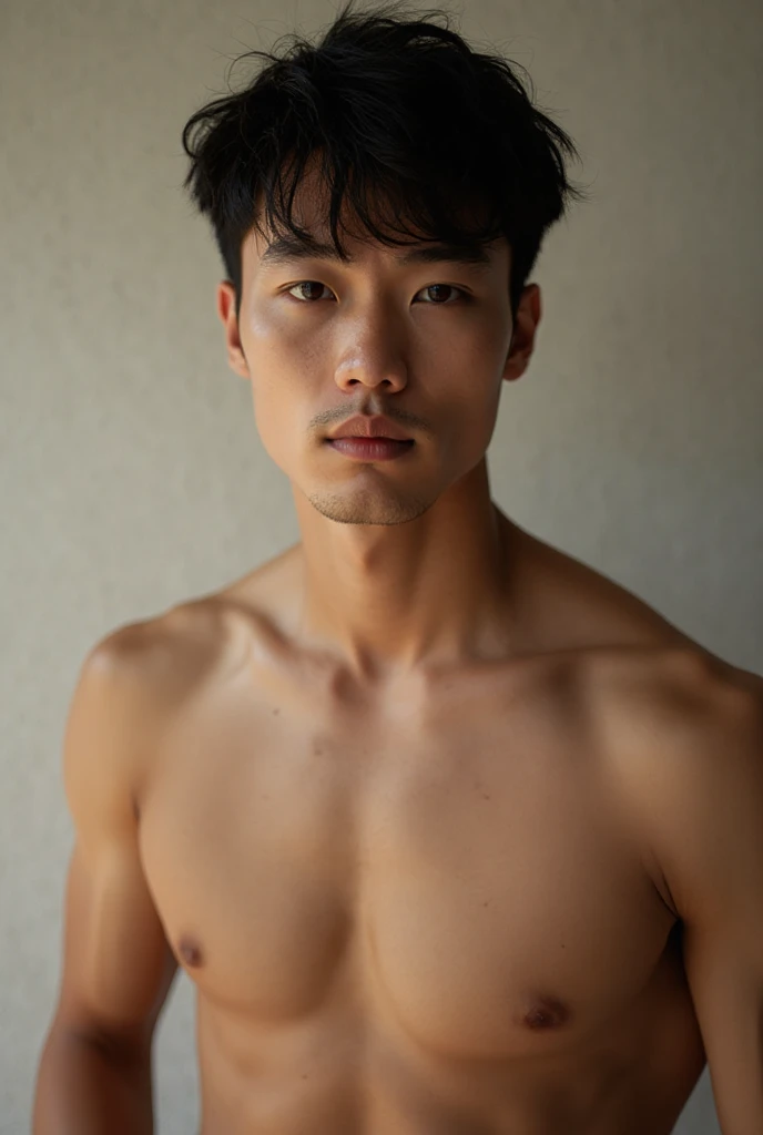 Handsome Japanese man in his 40s,Upper body portrait,Shaving,Bangs are down