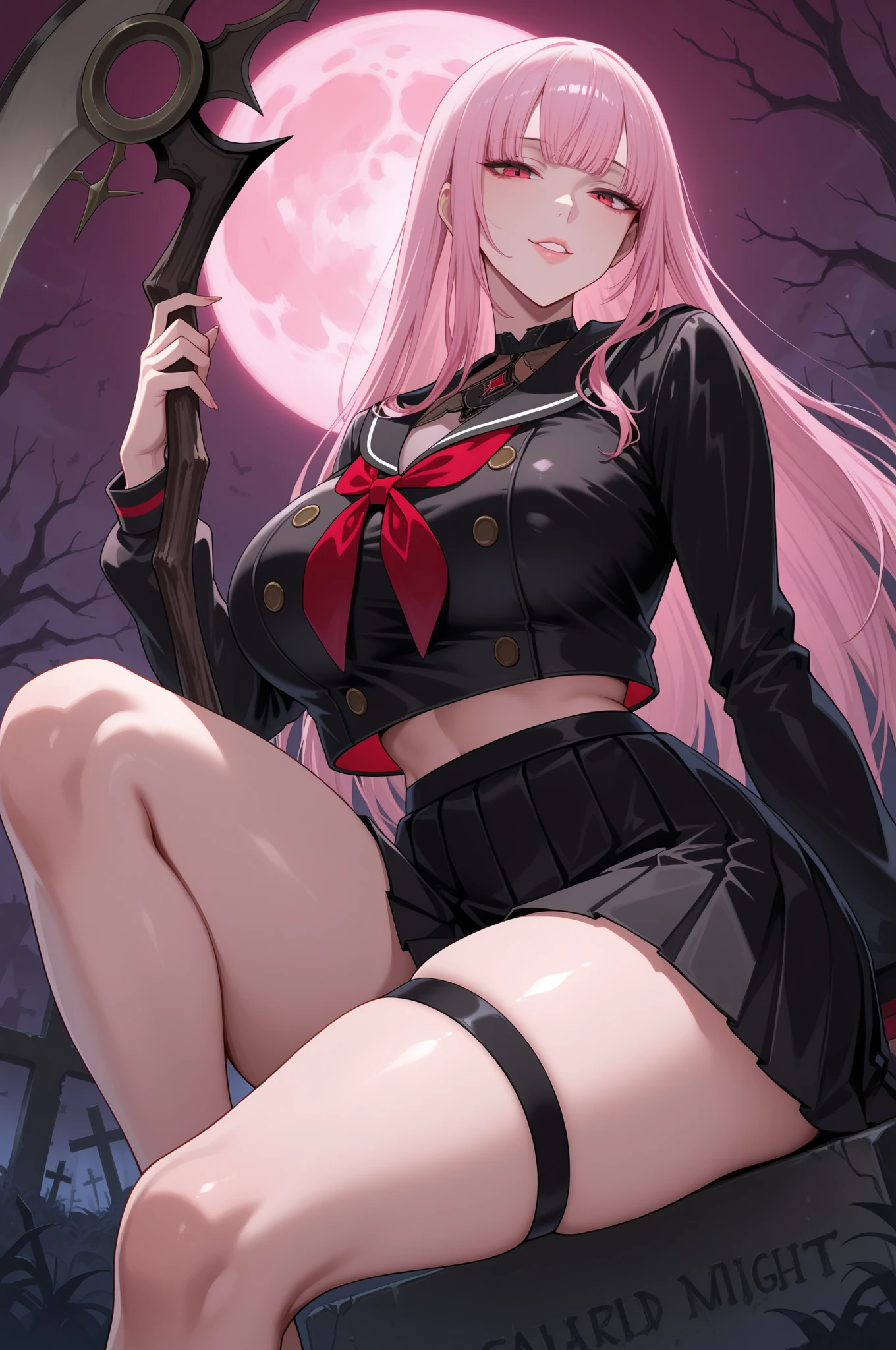 The image is of a beautiful woman wearing a tight fitting uniform. The woman has long flowing pink hair with strands of braided hair tied with red ribbon throughout. She has gorgeous green eyes that shine like emeralds. Her face is youthful and gorgeous. Her breasts are ample and seem too large for her uniform. She is short in height but well developed -a short stack. She blushes as you look at her. She's standing in an autumnal forest. In the distance is a serene body of water. It's night time and a full moon lights the scene. A gentle breeze suspends fallen autumn leaves around her. The wind lifts up her skirt revealing her blue and white striped . The image is ultra detailed with gorgeous colors, perfect line work, and detailed shading. The image really portrays the sexiness of the character. YasogamiFemaleWinter, black shirt, long sleeves, black sailor collar, yellow neckerchief, grey skirt, black thighhighs, autumn, serene water, lifted skirt,  reveal, night time, gentle breeze, 