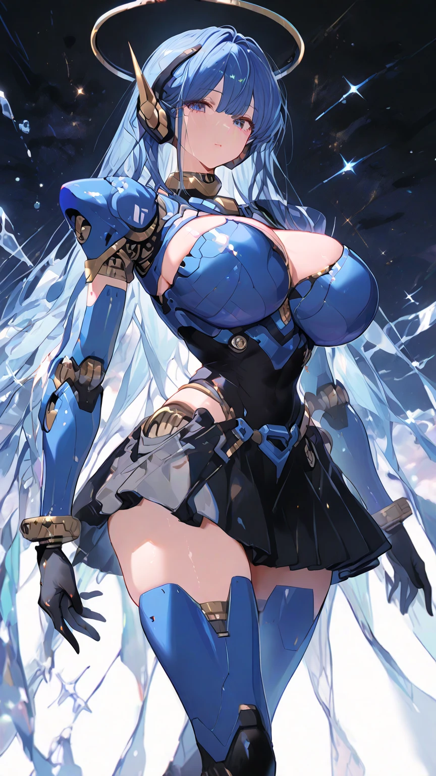 ((woman, Mecha)), blue eyes, delicate face, broken armor, Mechanical aura, Mechanical arm, white hair, long hair, Ceramic body, Thigh gap, , Internet background, Very good city, (translucent, Reflective Skin), 8K, best quality, Super detailed, (Surrealism: 1.4),  30 year old woman，Huge Breasts，cleavage