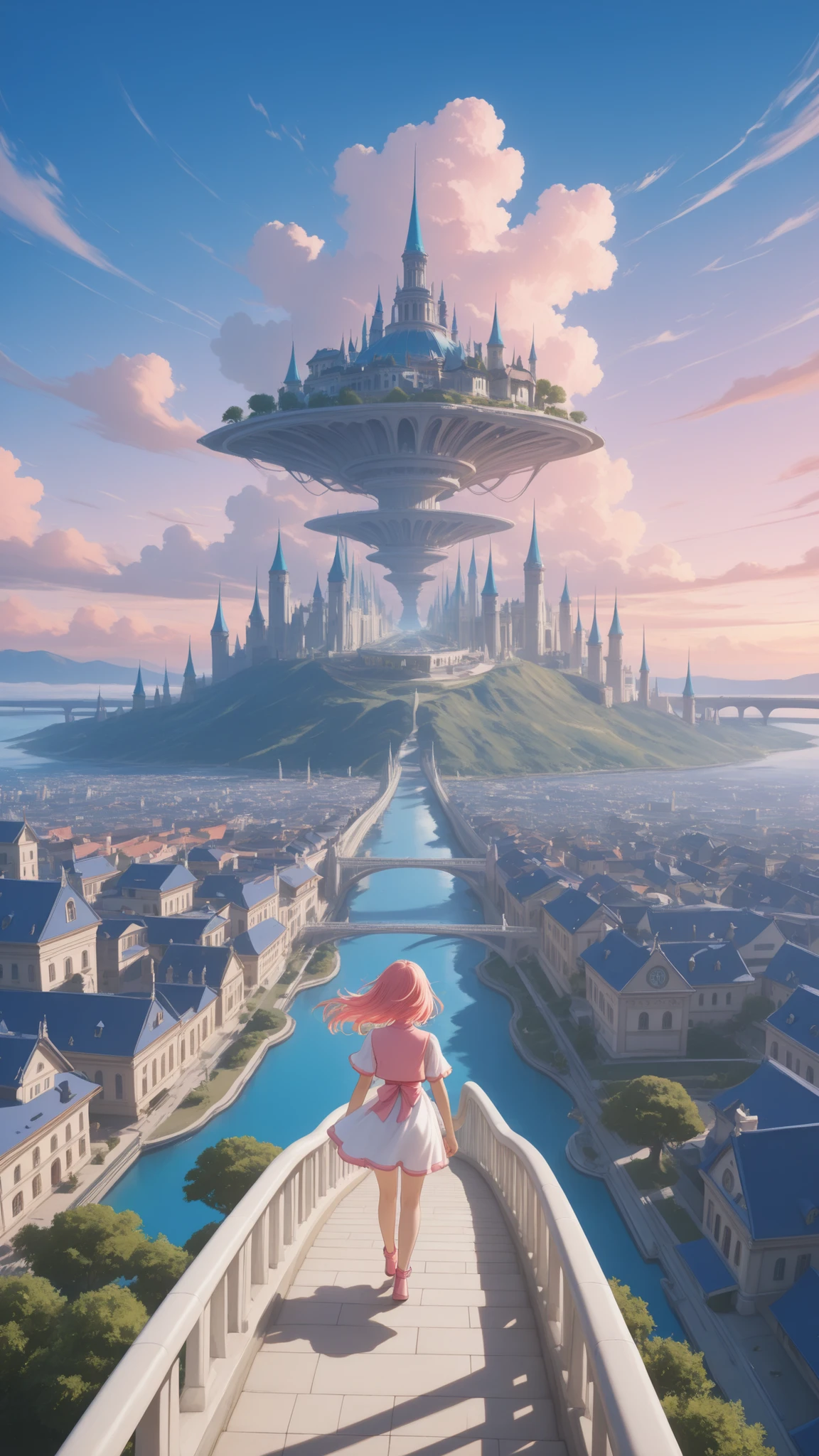 (anime style, Floating Garden Island, Floating Palace on the Sky Bridge, Hair Fluttering in the Wind, Girl walking towards the, breathtaking sky, Brilliant Fantasy Color, high detail),cute outfits