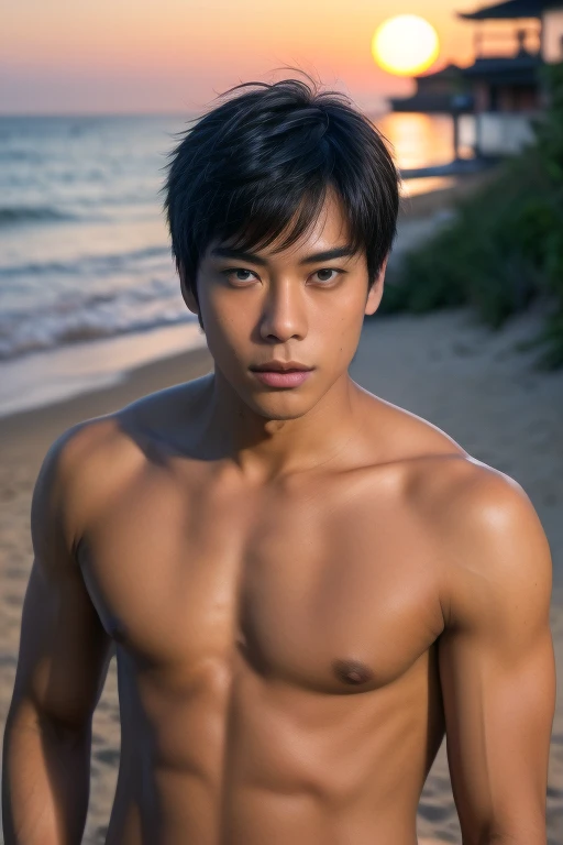 slim asian wearing male with ponytail on top of head, on the beach