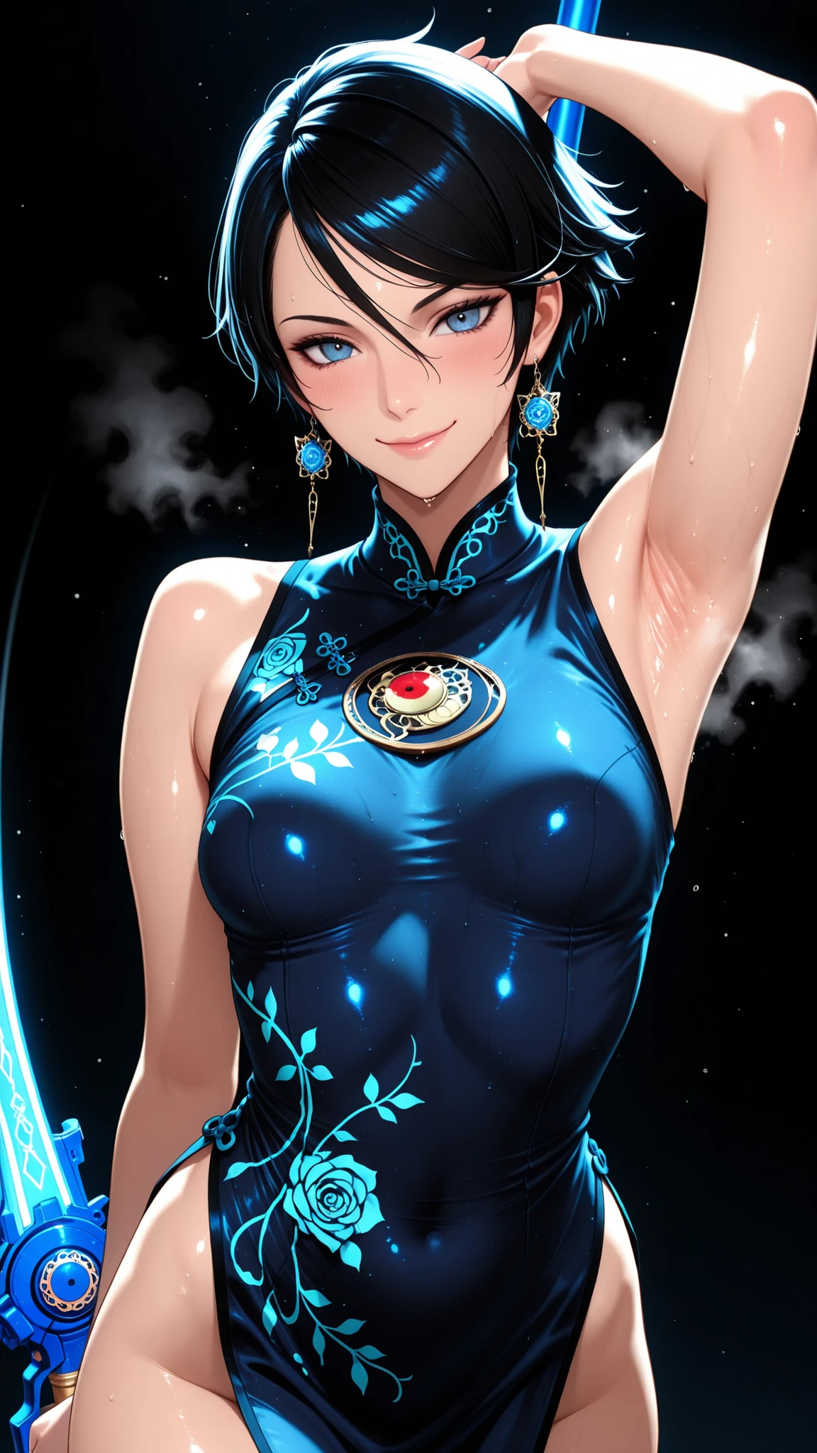 masterpiece, top quality, lively, very aesthetic , high contrast, semi-realistic, Newest,Very Beautiful Woman , 1 person,Bayonetta, Armpit armrest , sweaty armpits, fusion transformed from a long stretched body, face close-up, short hair, Steam, simple background,, Blue China Dress,Wrinkles , Beautiful Breasts,blush,smile, detail CG , 8k Unity Wallpaper , Official Art, very vivid,High-precision images, Tokyo can be seen from the reality of super high resolution,, Beautiful quality and attention to detail, Perfect Anatomy, anime style,詳細な beautiful faceの特徴, High definition hand :1.3, Backlit, Dynamism ,Unreal Beauty, Weapons including, beautiful shadows, top quality, ( Clothes Seen Through the Gap), cinematic light from behind , ray tracing , beautiful face, perfect face ,cowboy shot,small breasts