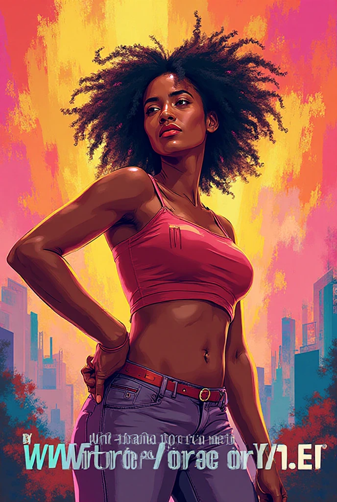 ((Solo half body Beautiful Caribbean woman with dark skin and striking eyes)),  shadowed interior background, art by akihiko yoshida, manga art style, colorfield illustration, Scary atmosphere, global illumination, by frank frazetta, art by goro fujita, glamour shot, pants and shirt, street dancing, banner, blur, anime key visual, (blue, yellow and grey colors), dramatic photo, anime girl, Intricate details, chiaroscuro, pino daeni, impressionist (best quality, masterpiece)