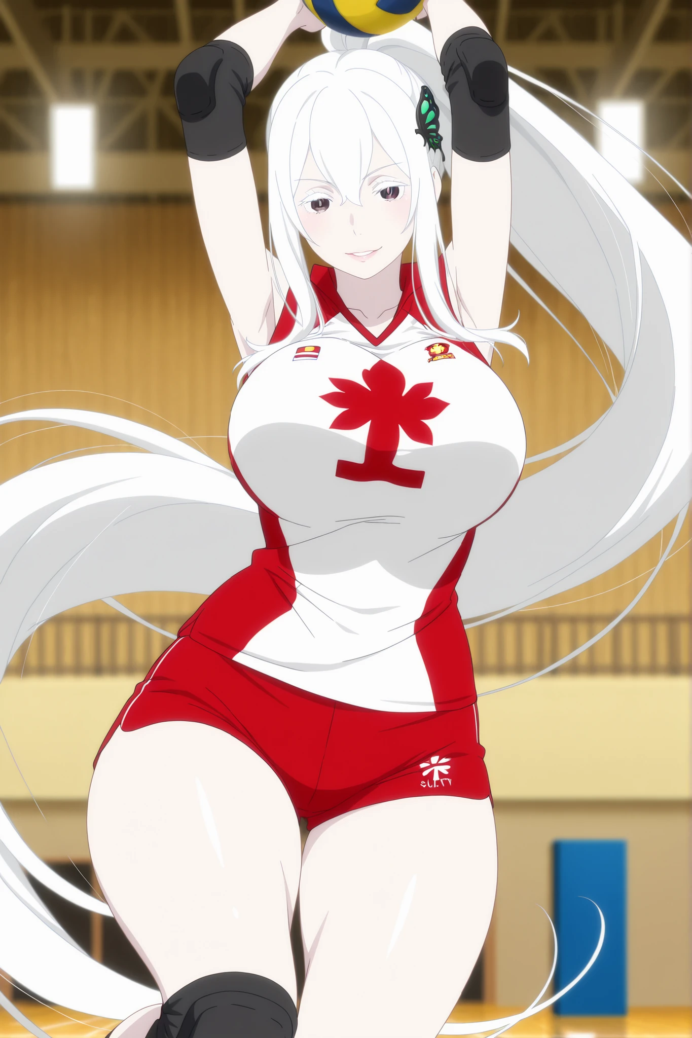 anime screencap, anime coloring, detailed face, masterpiece, best quality, very aesthetic, absurdres, volumetric lighting, echidna, 1girl, adult female, motherly, medium head, pale skin, absurdly long hair, ponytail , sidelocks ,white hair, black butterfly hair ornament, open eyes, hair between eyes, bangs, white eyelashes, attractive face, strict attributes, ractical body shape, glamorous bodies, attractive bodies, fit bodies, motherly, lips, large Curvy, Slutty, Neat, big breast, big hips, thick thighs, Toned thighs, big thighs, front view detailed body, high body, PARTED LIPS, ARMPITS, ARMS UP, BALL, JUMPING, MIDAIR, VOLLEYBALL, VOLLEYBALL, (volleyball uniform Canada Flag, sportswear, elbow pads, elbow sleeve, knee pads, sleeveless, shorts, short shorts, gym, blurry background, Sexy,), Smile, lips, looking at viewer,