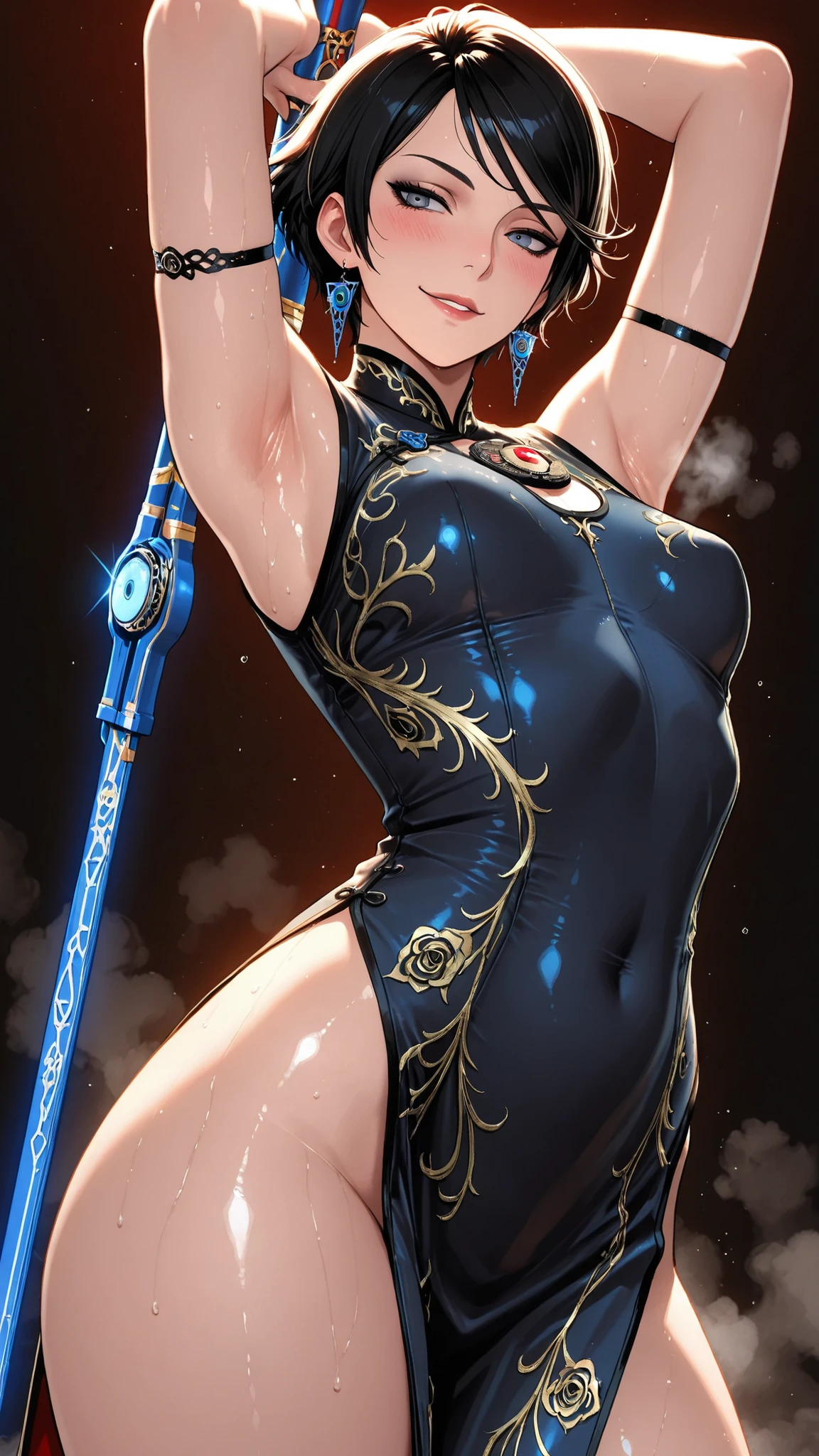 masterpiece, top quality, lively, very aesthetic , high contrast, semi-realistic, Newest,Very Beautiful Woman , 1 person,Bayonetta, Armpit armrest , sweaty armpits, fusion transformed from a long stretched body, face close-up, short hair, Steam, simple background,, Blue China Dress,Wrinkles , Beautiful Breasts,blush,smile, detail CG , 8k Unity Wallpaper , Official Art, very vivid,High-precision images, Tokyo can be seen from the reality of super high resolution,, Beautiful quality and attention to detail, Perfect Anatomy, anime style,詳細な beautiful faceの特徴, High definition hand :1.3, Backlit, Dynamism ,Unreal Beauty, Weapons including, beautiful shadows, top quality, ( Clothes Seen Through the Gap), cinematic light from behind , ray tracing , beautiful face, perfect face ,cowboy shot,small breasts
