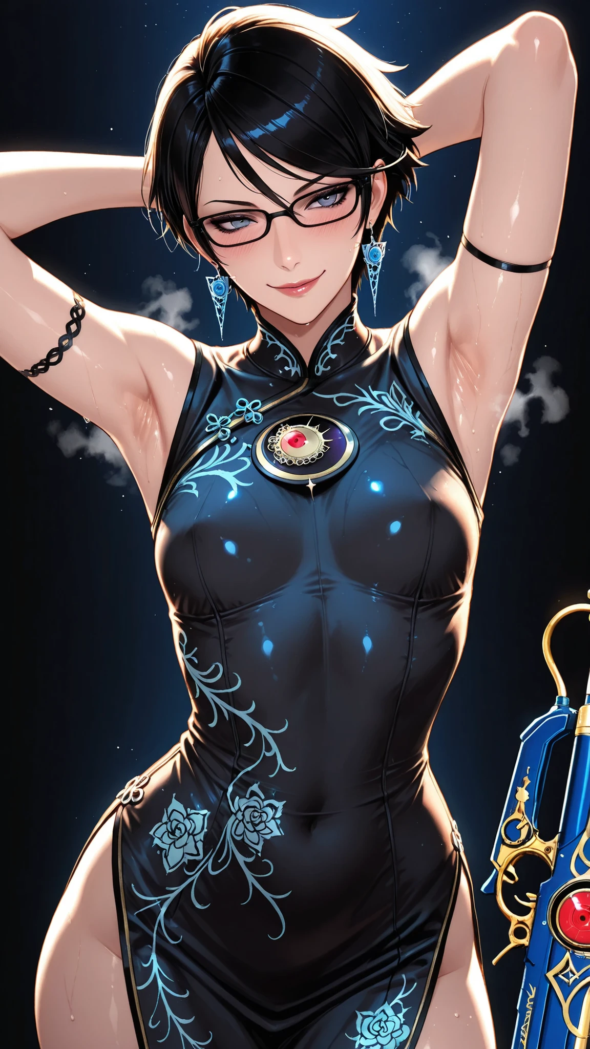 masterpiece, top quality, lively, very aesthetic , high contrast, semi-realistic, Newest,Very Beautiful Woman , 1 person,Bayonetta, Armpit armrest , sweaty armpits, fusion transformed from a long stretched body, face close-up, short hair, Steam, simple background,, Blue China Dress,Wrinkles , Beautiful Breasts,blush,smile, detail CG , 8k Unity Wallpaper , Official Art, very vivid,High-precision images, Tokyo can be seen from the reality of super high resolution,, Beautiful quality and attention to detail, Perfect Anatomy, anime style,詳細な beautiful faceの特徴, High definition hand :1.3, Backlit, Dynamism ,Unreal Beauty, Weapons including, beautiful shadows, top quality, ( Clothes Seen Through the Gap), cinematic light from behind , ray tracing , beautiful face, perfect face ,cowboy shot,small breasts