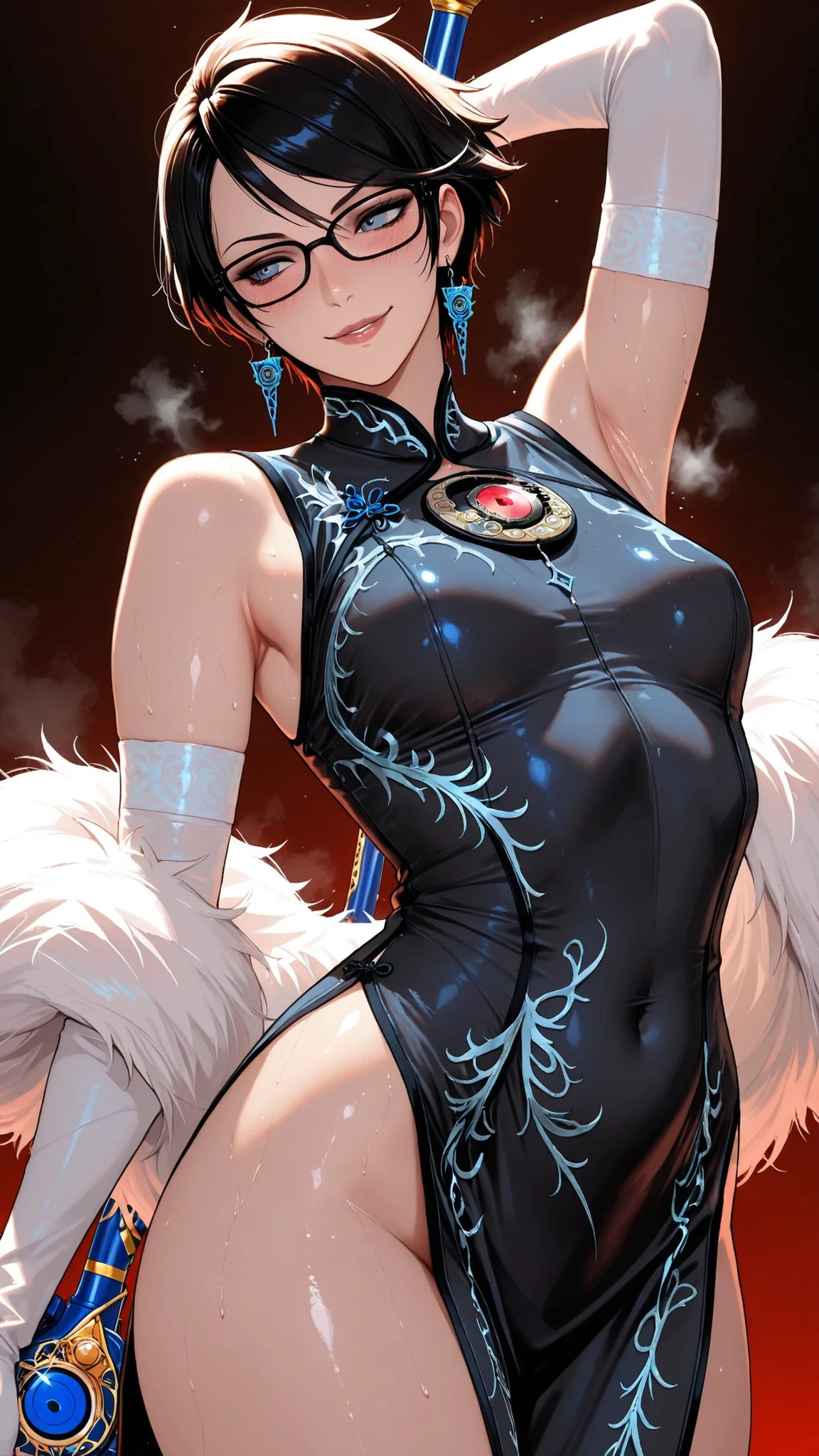 masterpiece, top quality, lively, very aesthetic , high contrast, semi-realistic, Newest,Very Beautiful Woman , 1 person,Bayonetta, Armpit armrest , sweaty armpits, fusion transformed from a long stretched body, face close-up, short hair, Steam, simple background,, Blue China Dress,Wrinkles , Beautiful Breasts,blush,smile, detail CG , 8k Unity Wallpaper , Official Art, very vivid,High-precision images, Tokyo can be seen from the reality of super high resolution,, Beautiful quality and attention to detail, Perfect Anatomy, anime style,詳細な beautiful faceの特徴, High definition hand :1.3, Backlit, Dynamism ,Unreal Beauty, Weapons including, beautiful shadows, top quality, ( Clothes Seen Through the Gap), cinematic light from behind , ray tracing , beautiful face, perfect face ,cowboy shot,small breasts