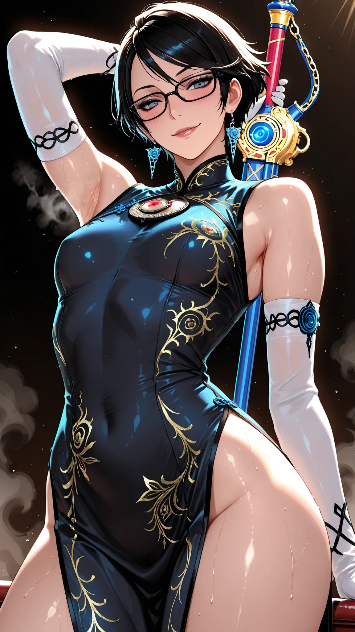 masterpiece, top quality, lively, very aesthetic , high contrast, semi-realistic, Newest,Very Beautiful Woman , 1 person,Bayonetta, Armpit armrest , sweaty armpits, fusion transformed from a long stretched body, face close-up, short hair, Steam, simple background,, Blue China Dress,Wrinkles , Beautiful Breasts,blush,smile, detail CG , 8k Unity Wallpaper , Official Art, very vivid,High-precision images, Tokyo can be seen from the reality of super high resolution,, Beautiful quality and attention to detail, Perfect Anatomy, anime style,詳細な beautiful faceの特徴, High definition hand :1.3, Backlit, Dynamism ,Unreal Beauty, Weapons including, beautiful shadows, top quality, ( Clothes Seen Through the Gap), cinematic light from behind , ray tracing , beautiful face, perfect face ,cowboy shot,small breasts