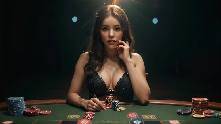  quality and details :

    (8k, HD,  ultra-detailed ,  photorealistic,  masterpiece: 1.3), ( dramatic lighting ,  soft textures ,  cinematic atmosphere ).

 scene and lighting :

     In a smoky back room of an illegal casino, a woman drops two 10-sided dice from her hand onto a poker table — a bright blue with  positions,  the other knows .
     The focus is on the moment ,  in which the cubes are out of their hand Glide and float just above the table , While cards ,  chips and glasses enliven the scene .
     The woman is well lit : concealed ,  warm Spotlights immerse them in a golden light ,  that sets her apart from the smoky background .

 character and atmosphere :

     The woman is wearing a stylish cyber- Western-inspired outfit with a modern twist — a tight corset ,  plus a matching collar and elegant gloves .
     Her gaze is concentrated ,  controls her posture casually ,  yet ,  as she drops the dice .

Stil und Inspiration:

    An exciting , Realistic scene,  which combines the dynamics of the cubes with the mysterious ,  smoky atmosphere of a secret game .  Every moment is full of details ,  from the falling cubes to their stylish appearance .
