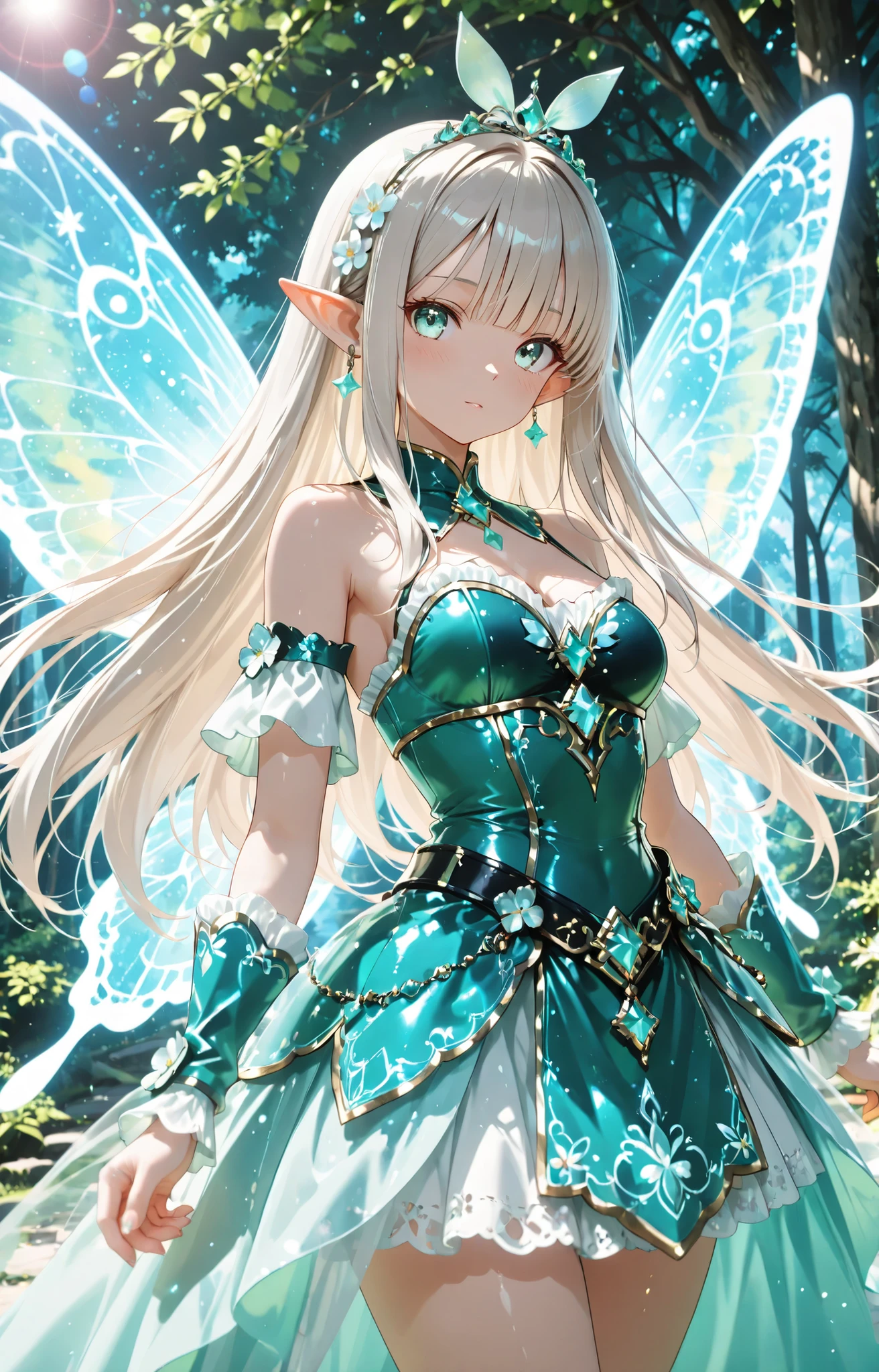 fantasy anime girl inspired by NEFER ,fairy wings ,silver blonde、 Beautiful Jade Eyes 、detailed eyes 、growing eyes、pretty face, Fantasy Art,Fairy Costumes, anime style4K,  
 soft expression with split bangs、long hair,  Dramatic Lighting、bright color、 Strong Brushwork  、high contrast 、 spring 、Mysterious Forest、springのほとりにいるフェアリーの女の子、
Lens Flare、
top quality, HD model, Ultra High Accuracy, 3d rendering, ultra sharp、
,,BREAK, 16K resolution,masterpiece,very detailed,ultra high definition,Super High Definition,anime style , detailed eyes  ,detailed face, ,HDR ,clear line ,makes the colors as vivid as possible, detailed background