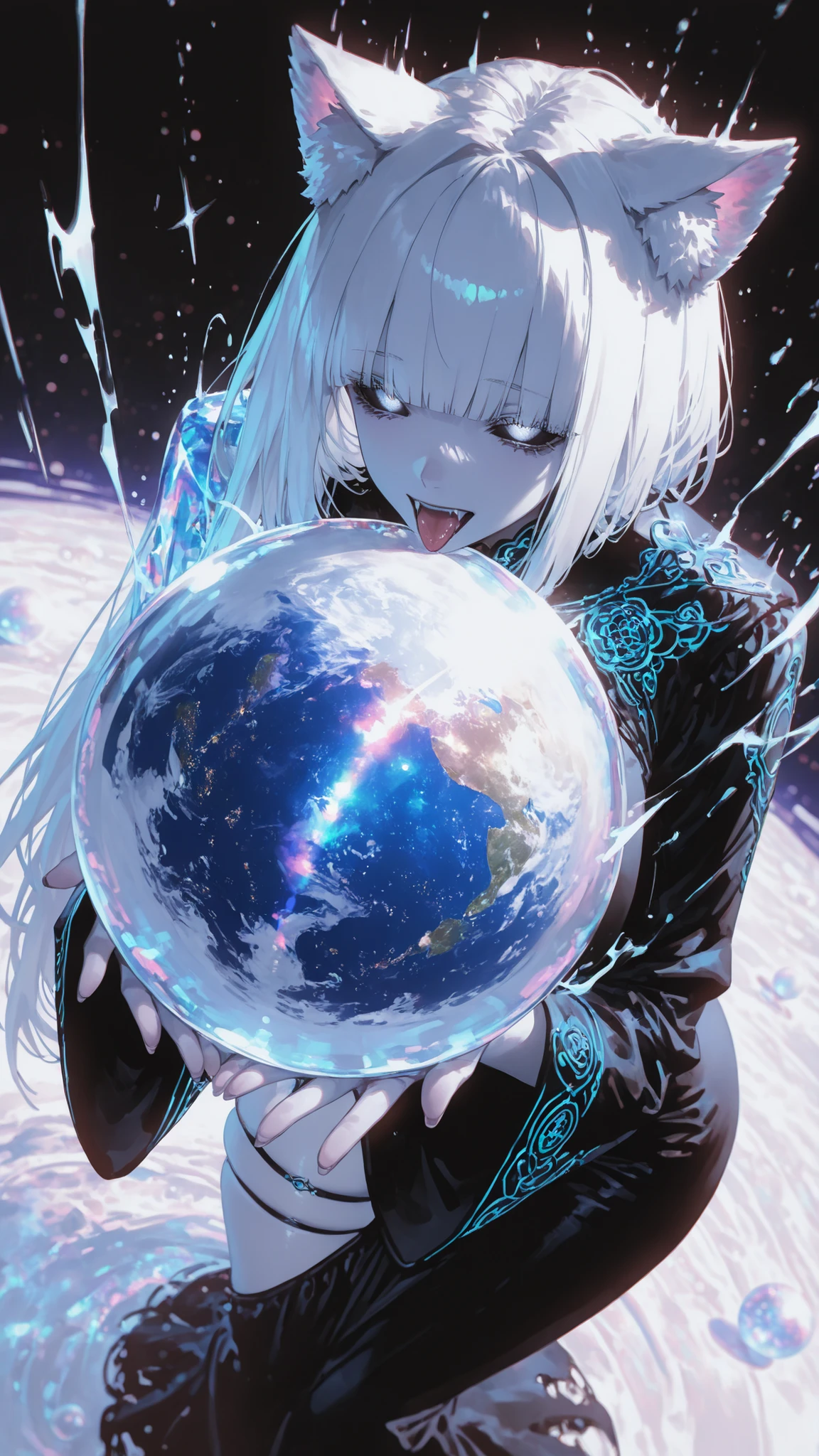 1girl, u u zan, Masterpiece, amazing quality, 8k, ultra detailed, refined details, chill, high resolution, HD, masterwork, digital illustration, 7481llu, LDSCH, dynamic pose, glowing eyes, dynamic angle, crisp outlines, vibrant colors, soft shading, bright lighting, ultra-detailed, high contrast, bokeh, volumetric lighting, lipstick, blurry, depth of field, absurdres, best quality, newest, very aesthetic,
(1girl, solo, cat girl),
thick, curvy, curvaceous, voluptuous,
blunt bangs, white hair, white fur, black sclera, cat ears, animal ear fluff, pale skin,
playing with ball, holding ball,
open mouth, fangs, tongue, crystal ball, earth-shaped ball,
skindentation, asymmetrical gown, asymmetrical dress, black outfit, neon trim,
glitter, iridescent, refraction, dispersion, death aura,
tongue focus, dynamic angle, dutch angle, perspective, foreshortening, white theme, galaxy,
masterpiece, best quality, newest, absurdres, highres,