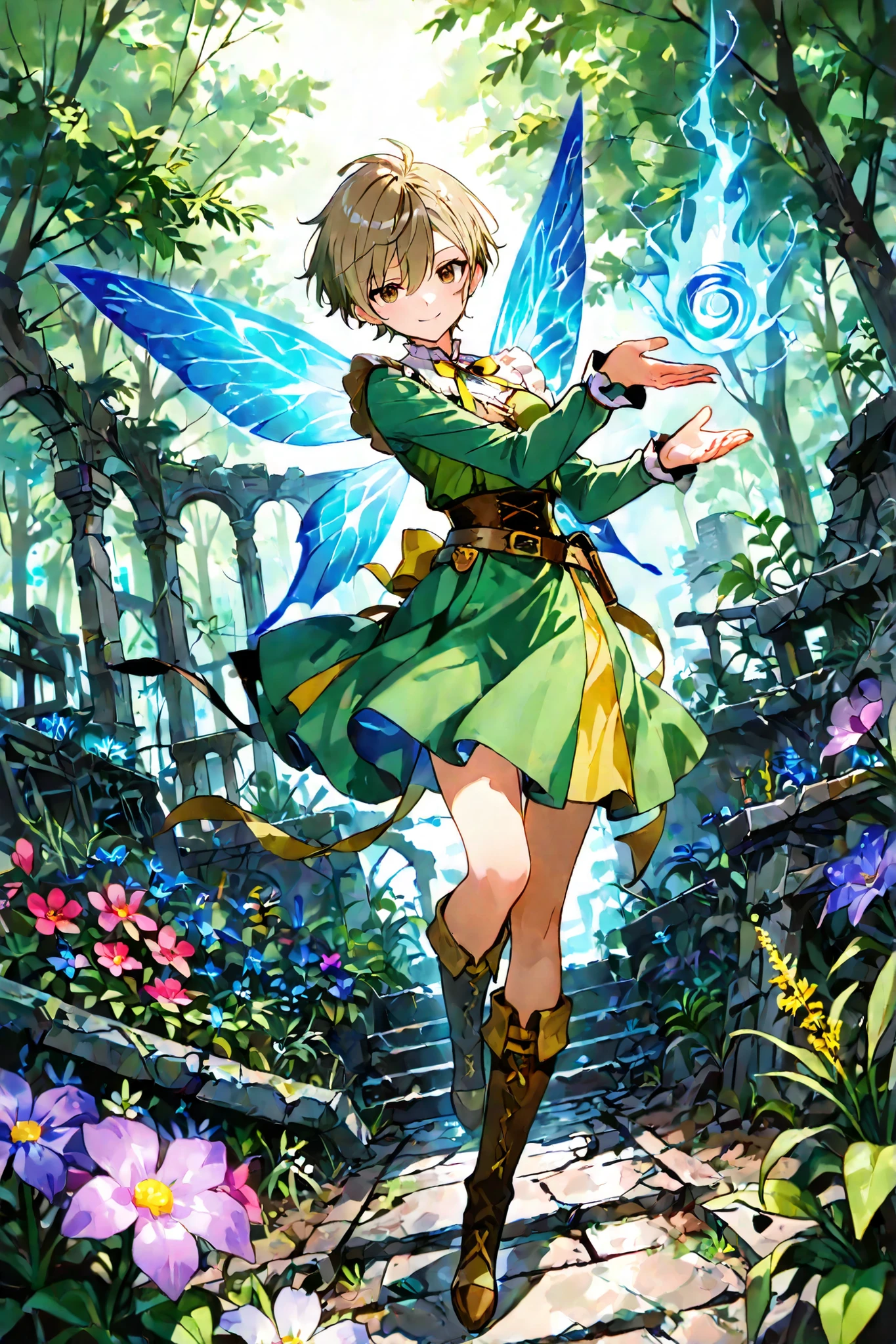 748cmstyle, full figure, Spiral blue energy, very fine trait, anime, Young fairy uses her powers to make a wonderful garden bloom even in a remote and desolate land with some ruins of a past civilisation, Her give life at plants and flowers, pose dynamic intense Lightbrown eyes, very short hair , smile , dynamic pose, dynamic angle, outdoor in wastseland garden full of raimbow 🌈✨ various plant and flowers
