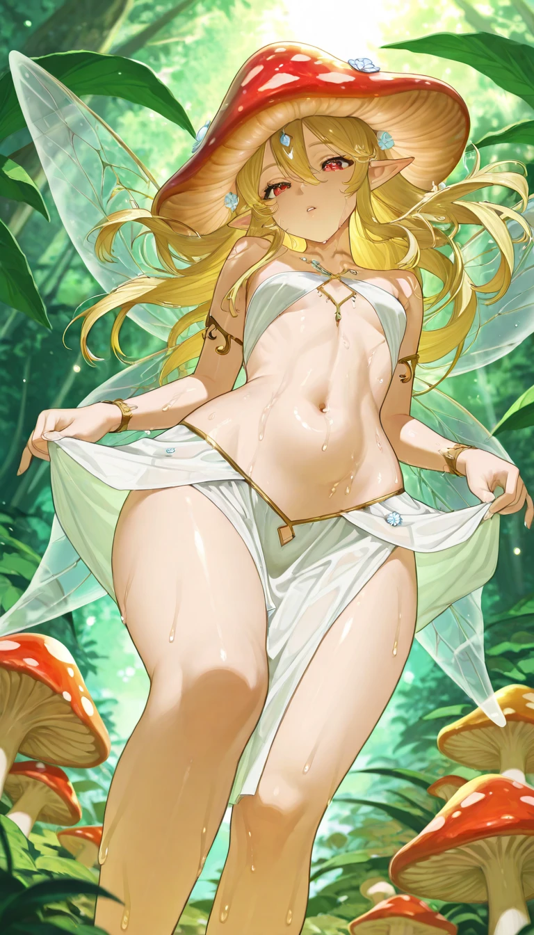 Best quality, ultra-high-detailed, in a seductive legs apart pose. Detailed happy face, detailed full body, big breast, curvy ass, oily skin, symmetric face, cute, with a belly pin, ponytail hairstyle, blonde elf girl with long wavy hair and blue eyes, pussy cameltoe in a blue long see through sheer dress with gold embroidery, top stripped at breast making her breast naked, standing in front of a waterfall in a dense forest, butterflies flying around her, enjoying the nature, solo, wind blowing lift ups her sheer and her pussy is visible 