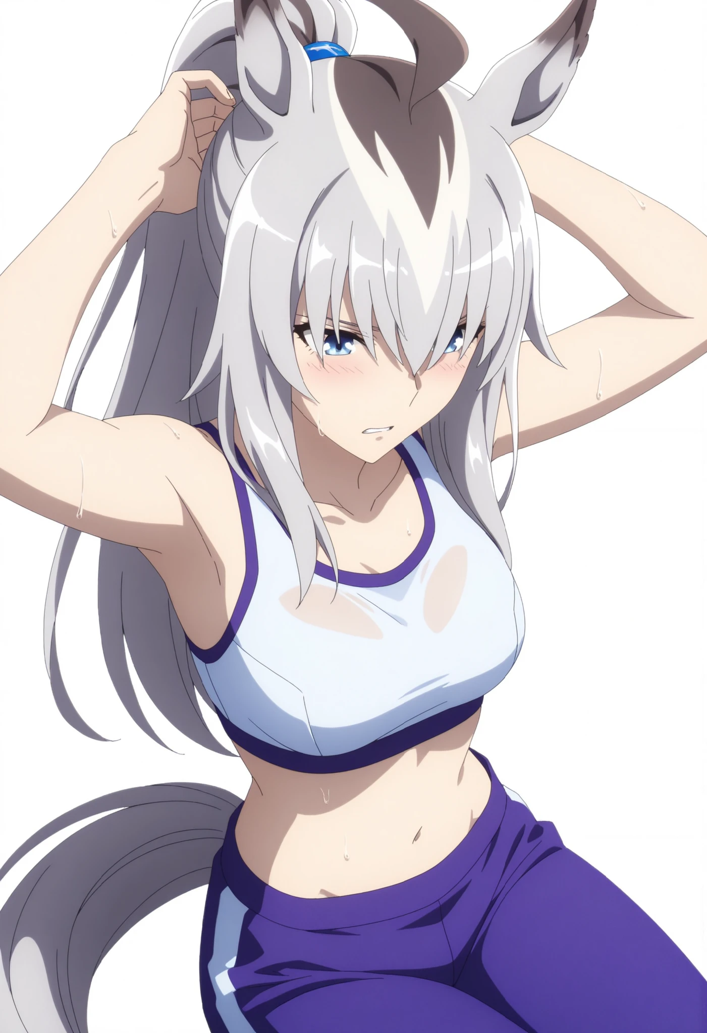 Oguri,,Uma Musume, cowboy shot, traditional media, embarrassed, arms up,(from above, dutch angle),grimace,
high quality , Highest Quality , masterpiece, high resolution , detailed face( Lola: Oguri),anatomically accurate, detailed hair(Lola: Oguri) ,Detailed Bang(Lola: Oguri),Anime Coloring Book, anime screencap, anime coloring, wet hair, ,
solo, 1 Girl, , LONG HAIR, Horse Years,(white hair), stupid hair, horsetail, Blue Eyes, (hair over eyes),(wispy bangs:1.5),((tsurime:1.2)), Coloured Hair, high ponytail, (detailed hair, long bangs),
white sports bra, purple Jersey pants, long pants, thighs, ((aged up:1.2)),(medium breasts), (pale skin), ,
looking down, head down, , (white background, simple background), (),
parted lips, (sitting, yokozuwari), (see-through lace bra:0.8),