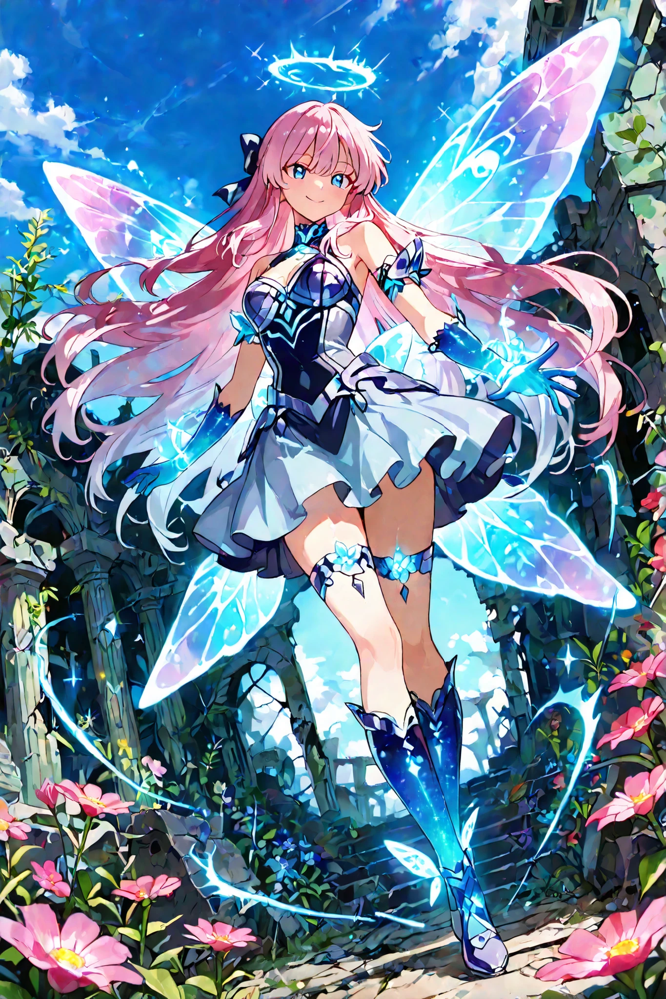 748cmstyle, full figure, (perfect fine beautiful hands), Spiral blue energy, very fine trait, anime,  Young fairy wear minimal glowing clothes, fairy rainmbow 🌈✨ wings, uses her powers to make a wonderful garden bloom even in a remote and desolate land with some ruins of a past civilisation, Her give life at plants and flowers, pose dynamic, nice anime lightblue eyes, very long long wavy pink hair , smile , dynamic pose, dynamic angle, outdoor in wastseland garden full of raimbow  🌈✨ various plant and flowers, blue sky.
