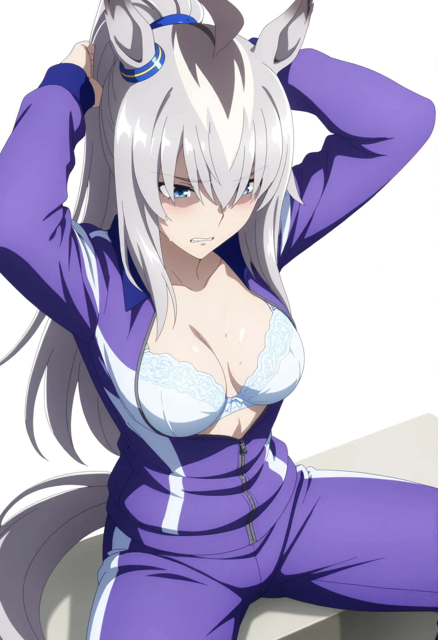 Oguri,,Uma Musume, cowboy shot, traditional media, embarrassed, arms up,(from above, dutch angle),((grimace)),
high quality , Highest Quality , masterpiece, high resolution , detailed face( Lola: Oguri),anatomically accurate, detailed hair(Lola: Oguri) ,Detailed Bang(Lola: Oguri),Anime Coloring Book, anime screencap, anime coloring, wet hair, ,
solo, 1 Girl, , LONG HAIR, Horse Years,(white hair), stupid hair, horsetail, Blue Eyes, (hair over eyes),(wispy bangs:1.5),((tsurime:1.2)), Coloured Hair, high ponytail, (detailed hair, long bangs),
white bra, purple Jersey pants, long pants, thighs, ((aged up:1.2)),(medium breasts), (pale skin), ,
looking down, head down, , (white background, simple background), (),
parted lips, (sitting, wide spread legs), (see-through:0.8),