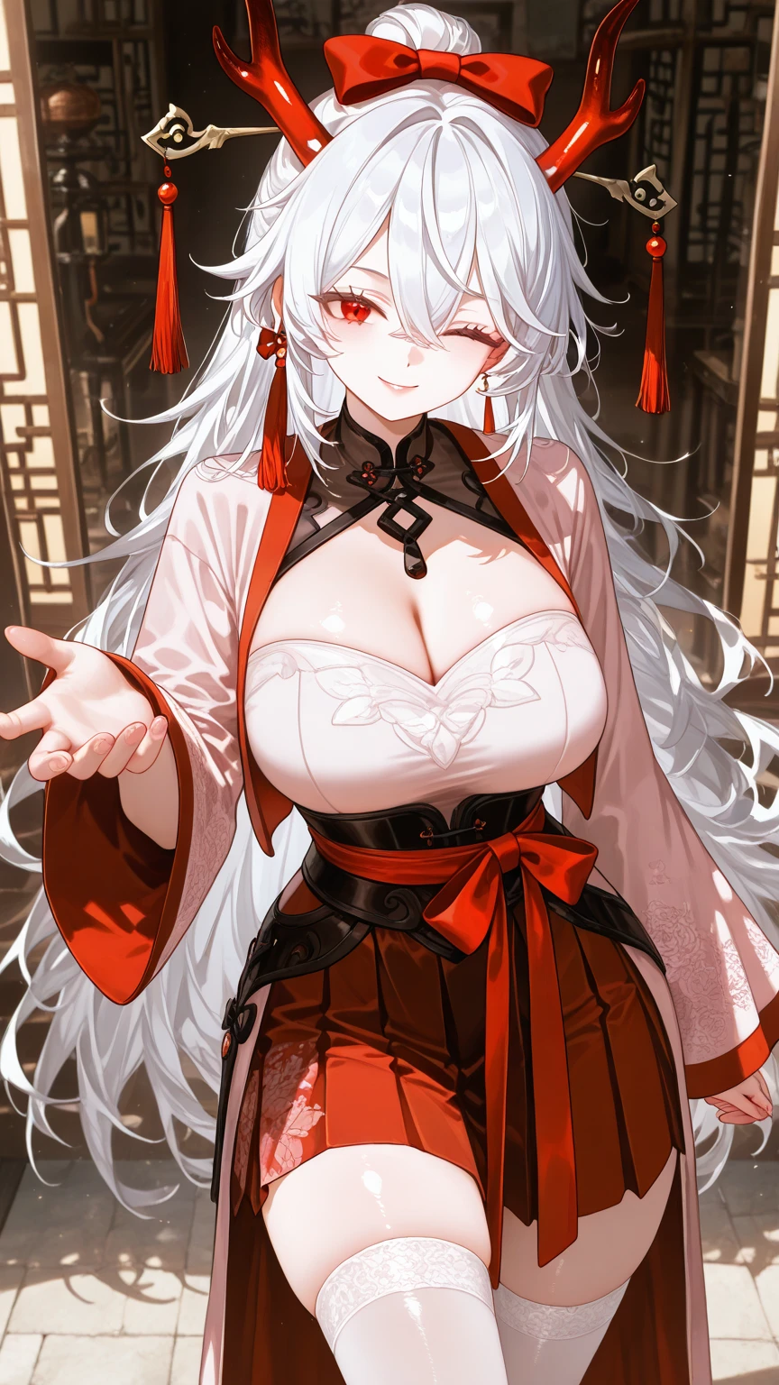 female, oni, fleshy horns, skin horns, luxurious kimono, white hair, long hair, ?????????????, cleavage, red eyes, kanabo, forest, japanese shrine, straight hair, pointed ears, smile, huge female, very tall female, tiny waist, broad shoulders