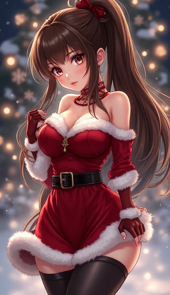 1girl, solo, masterpiece, best quality, high res, highly detailed, (illustration), beautiful detailed eyes, Rise Kujikawa (Persona) , brown eyes ,glossy lips, makeup, smile, long white elbow gloves, cowboy shot, (santa), red santa dress, santa hat, strapless dress, white elbow gloves