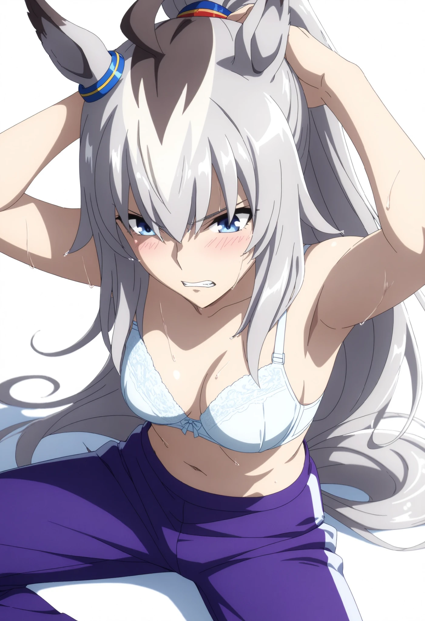 Oguri,,Uma Musume, cowboy shot, traditional media, embarrassed, ((arms up)),(from above),((grimace)),
high quality , Highest Quality , masterpiece, high resolution , detailed face( Lola: Oguri),anatomically accurate, detailed hair(Lola: Oguri) ,Detailed Bang(Lola: Oguri),Anime Coloring Book, anime screencap, anime coloring, wet hair, ,
solo, 1 Girl, , LONG HAIR, Horse Years,(white hair), stupid hair, horsetail, Blue Eyes, (hair over eyes),(wispy bangs:1.5),((tsurime:1.2)), Coloured Hair, high ponytail, (detailed hair, long bangs),
topless ,white bra, purple Jersey pants, long pants, thighs, ((aged up:1.2)),small breasts,(cleavage),(pale skin), ,
looking down, head down, , (white background, simple background), (clenched teeth),
, (sitting, wide spread legs), (see-through:0.8),