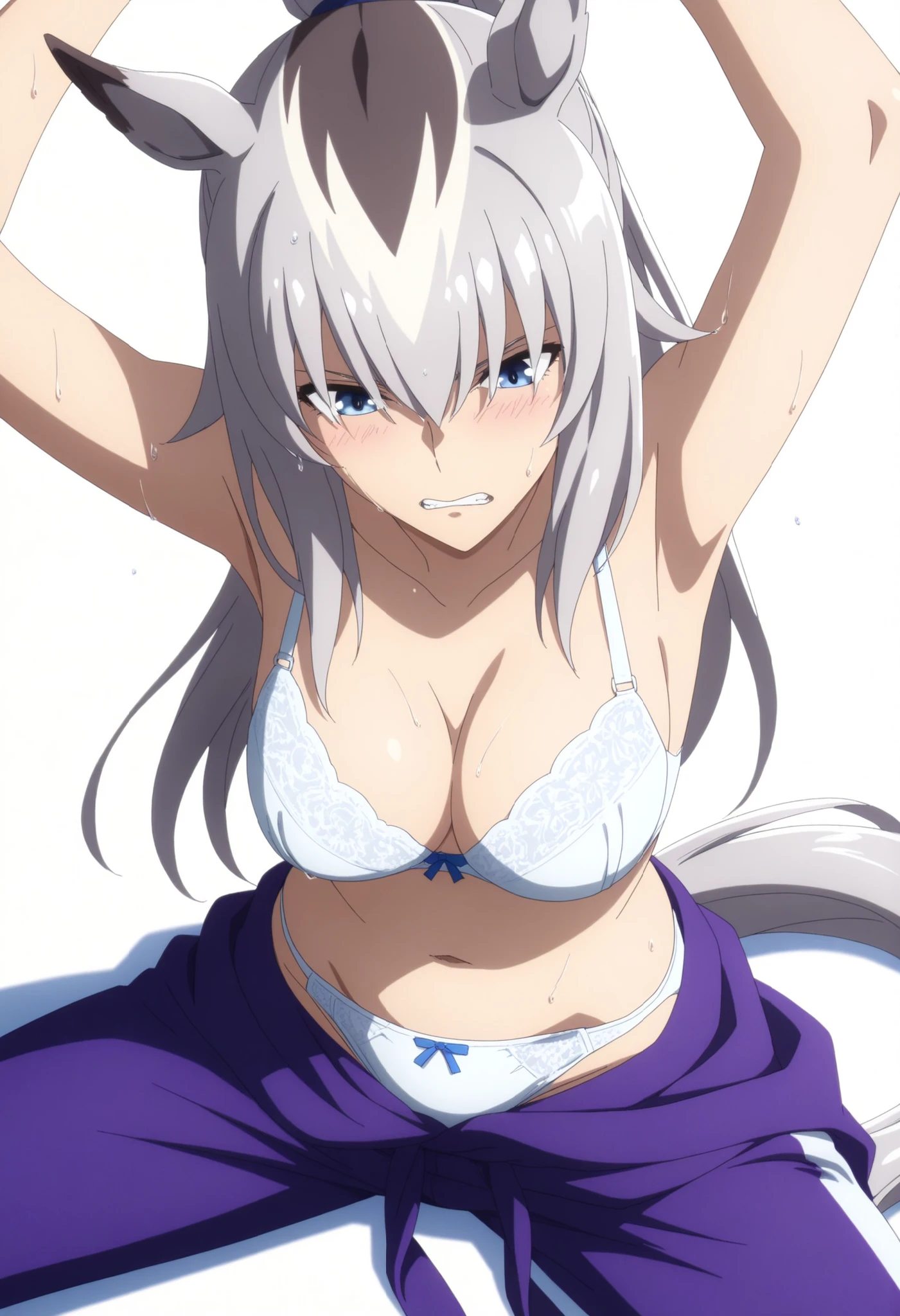 Oguri,,Uma Musume, cowboy shot, traditional media, embarrassed, ((arms up)),(from above),((grimace)),
high quality , Highest Quality , masterpiece, high resolution , detailed face( Lola: Oguri),anatomically accurate, detailed hair(Lola: Oguri) ,Detailed Bang(Lola: Oguri),Anime Coloring Book, anime screencap, anime coloring, wet hair, ,
solo, 1 Girl, , LONG HAIR, Horse Years,(white hair), stupid hair, horsetail, Blue Eyes, (hair over eyes),(wispy bangs:1.5),((tsurime:1.2)), Coloured Hair, high ponytail, (detailed hair, long bangs),
topless ,white bra, purple Jersey pants, undress long pants, white panties slip, thighs, ((aged up:1.2)),medium breasts,(((cleavage))),(pale skin), ,
looking down, head down, , (white background, simple background), (clenched teeth),
, (sitting, wide spread legs), (see-through:0.8),