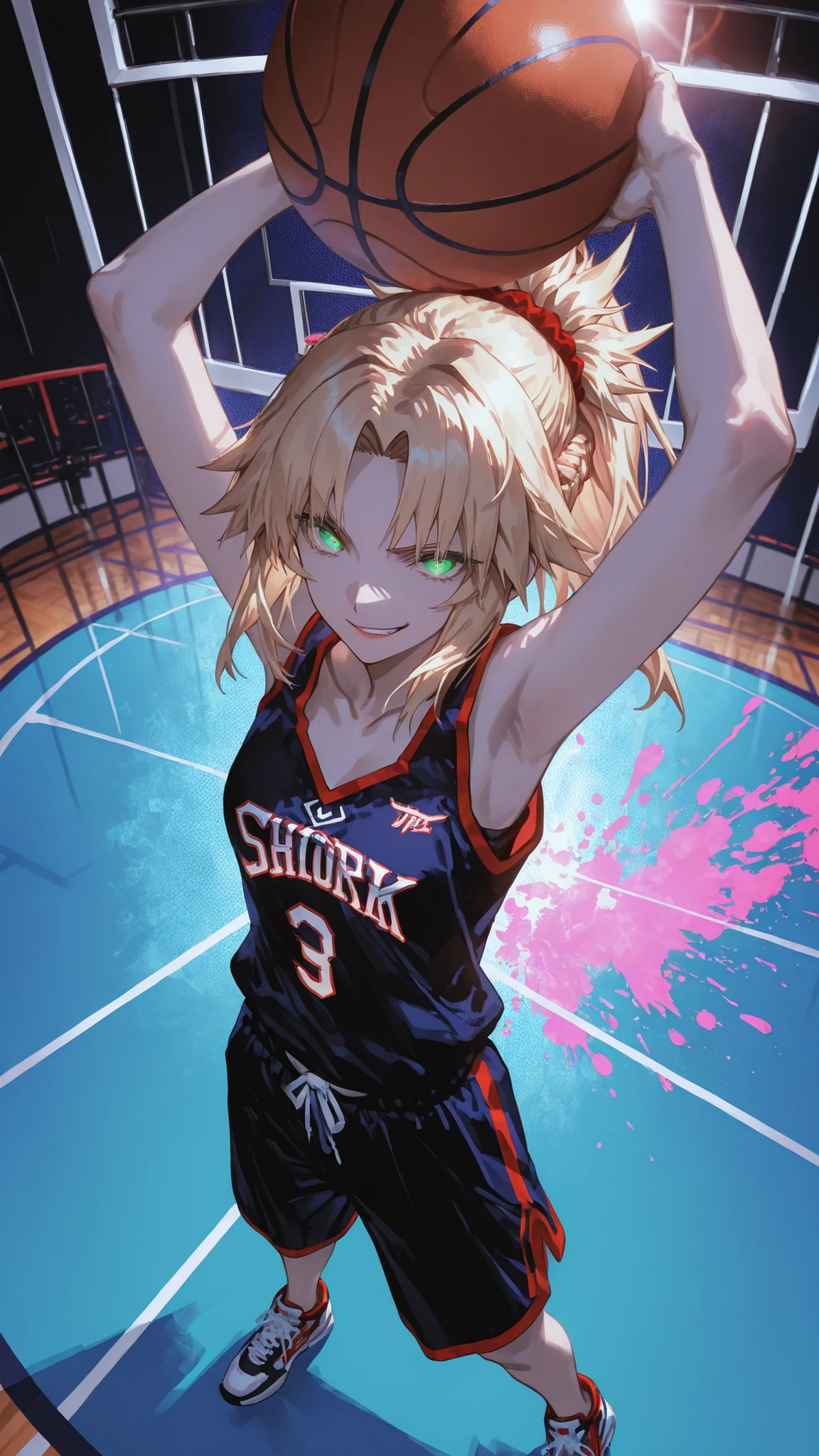 1girl, u u zan, Masterpiece, amazing quality, 8k, ultra detailed, refined details, chill, high resolution, HD, masterwork, digital illustration, 7481llu, LDSCH, dynamic pose, glowing eyes, dynamic angle, crisp outlines, vibrant colors, soft shading, bright lighting, ultra-detailed, high contrast, bokeh, volumetric lighting, lipstick, blurry, depth of field, absurdres, best quality, newest, very aesthetic, mordred ,mordred \(fate/apocrypha\), ponytail, parted bangs, french braid, blonde hair, red scrunchie, green eyes, basketball uniform, shirt, shorts, tank top, sneakers, small breasts, (detailed character design), [smirk], pastel colors, (dunk shot), basketball, basketball court, basketball hoop, jumping, arm up, holding ball, Splatter, abstract background, gradient, Halftone_background, Split-Complementary _Colors, (takeuchi takashi:0.7), ((fisheye)), lens flare, from above, (character focus:1.4), dynamic angle