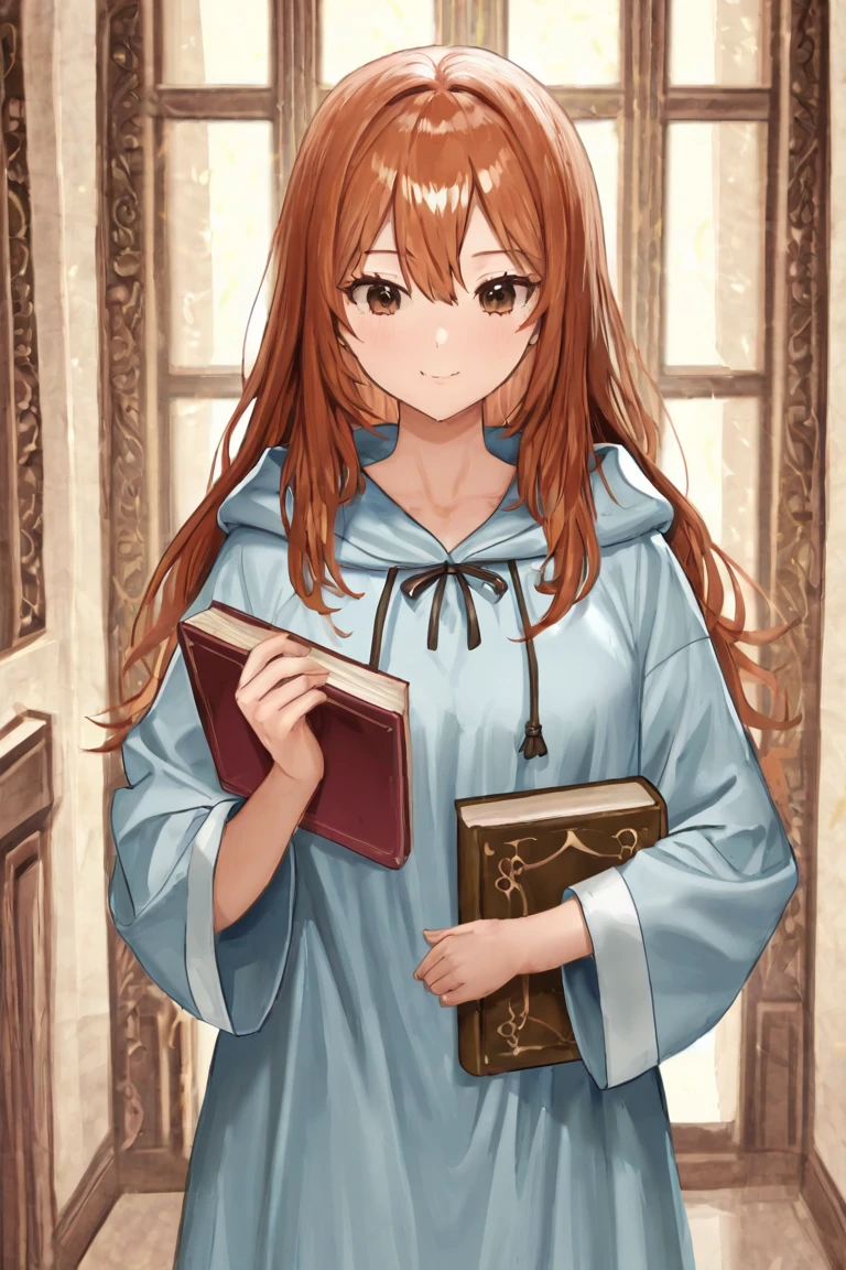 Mia Baker, a 1 girl with long brown hair and glasses, holding her books close to her chest. She stands near the gate, shyly looking around as the other students pass by.