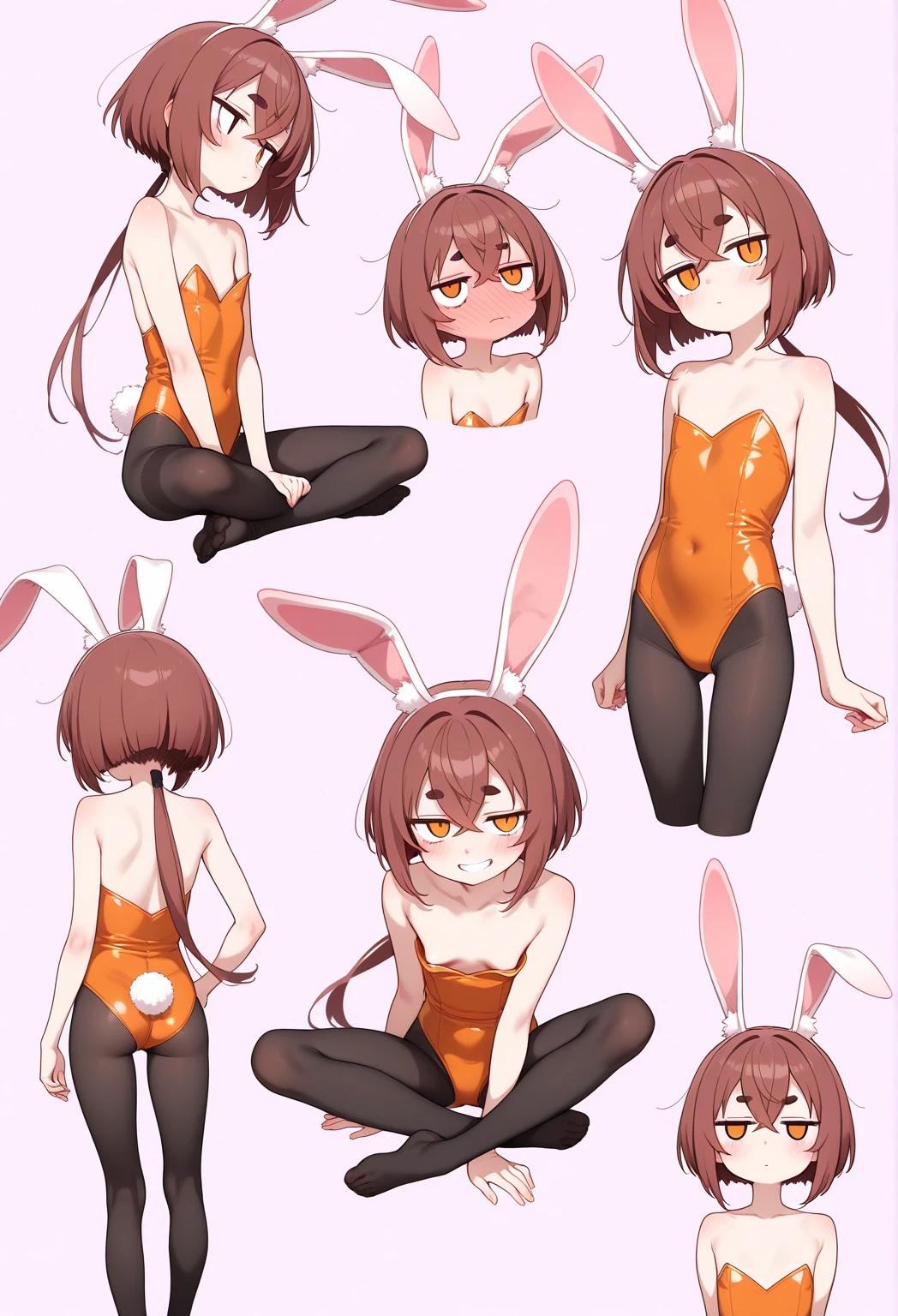 multiple views:1.3, multiple poses, Rabbit girl, ((copper hair)), long legs, (small body:1.4), (petite body:1.4), [large ass], ((flat-chested)), (large thighs:1.3), (highly toned legs:1.2), (slim waist:1.1), ((curly bob hair)), (tan:1.6), (tan lines:1.4), furry ears, collarbone, BREAK, Pleated plaid skirt in soft pastel hues, paired with a fitted white blouse, tied at the waist to accentuate curves, exuding innocent charm, Sheer white stockings:1.8, adorned with delicate lace trim and held up by a satin garter belt, add a touch of sophistication to the ensemble. Finished with white Mary Jane heels, the outfit is both sweet and seductive, perfect for catching the eye of admirers, 
BREAK, 
blank white background scenario,