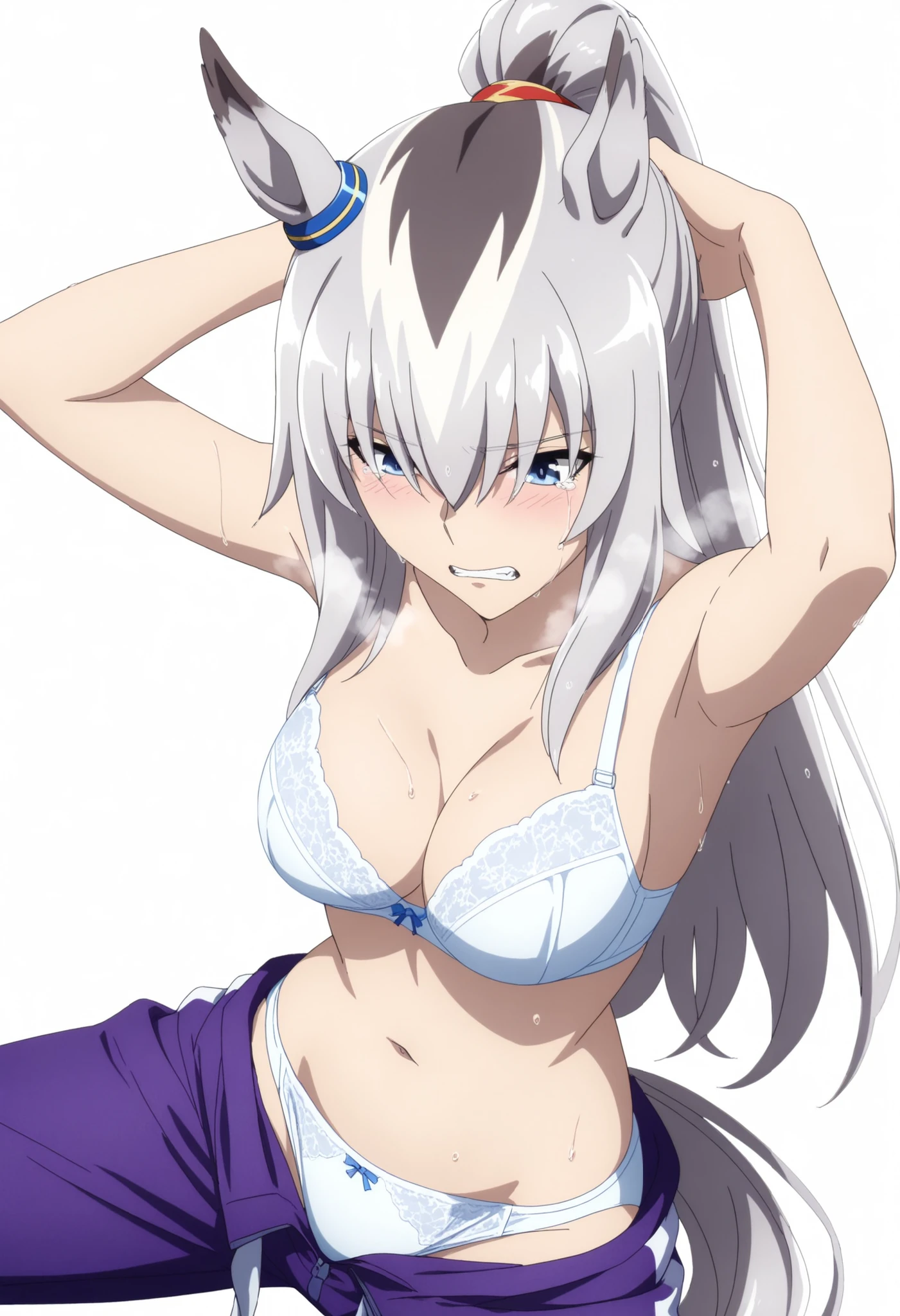 Oguri,,Uma Musume, cowboy shot, traditional media, embarrassed, ((arms up)),(from above),((grimace)),
high quality , Highest Quality , masterpiece, high resolution , detailed face( Lola: Oguri),anatomically accurate, detailed hair(Lola: Oguri) ,Detailed Bang(Lola: Oguri),Anime Coloring Book, anime screencap, anime coloring, wet hair, ,
solo, 1 Girl, , LONG HAIR, Horse Years,(white hair), stupid hair, horsetail, Blue Eyes, (hair over eyes),(wispy bangs:1.5),((tsurime:1.2)), Coloured Hair, high ponytail, (detailed hair, long bangs),
topless ,white bra, purple Jersey pants, undress long pants, white panties slip, thighs, ((aged up:1.2)),medium breasts,(((cleavage))),(pale skin), ,
looking down, head down, , (white background, simple background), (clenched teeth),
tearing up, heavy breath, (sitting, wide spread legs), (see-through:0.8),