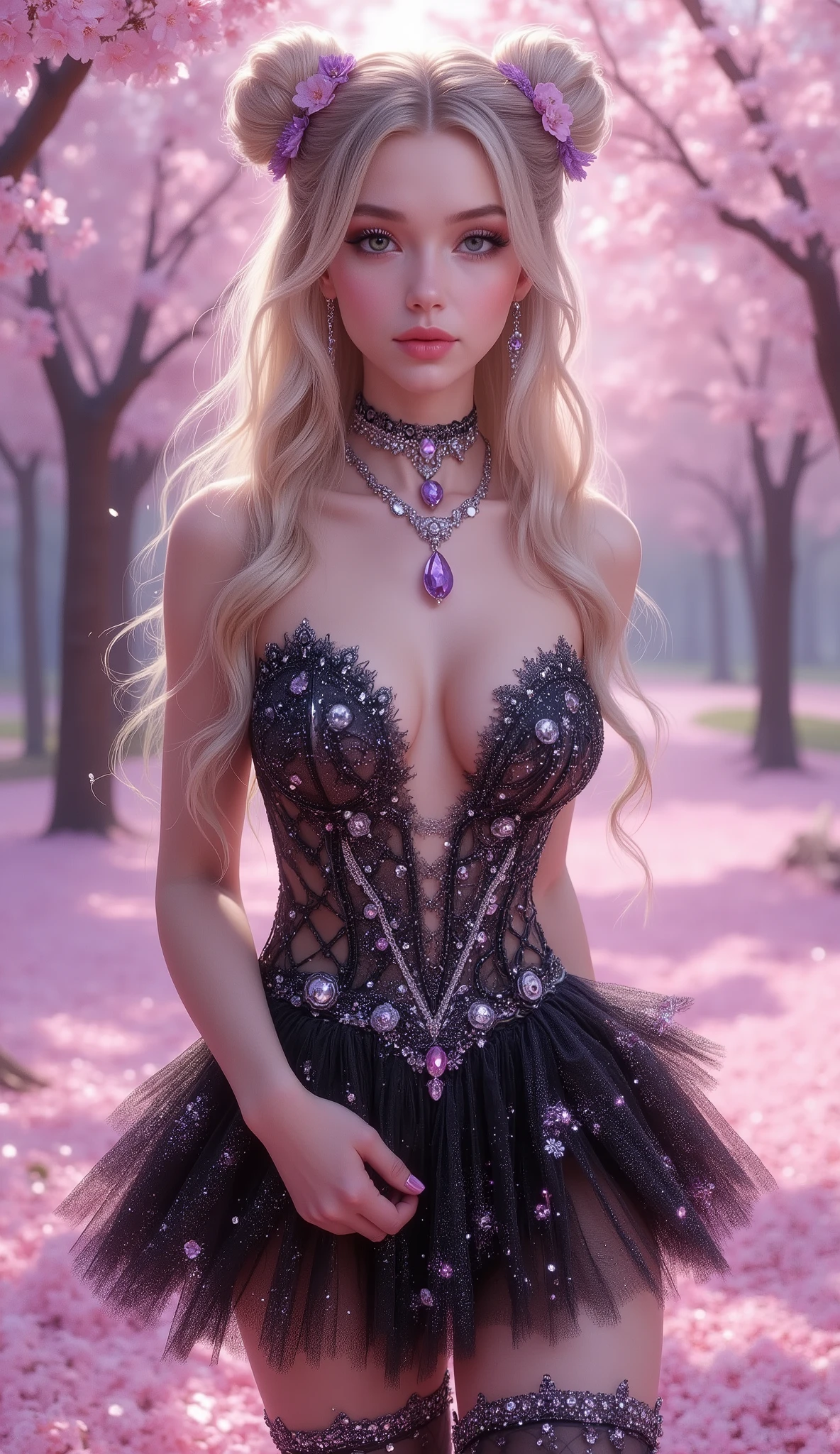 A young woman with fair skin and long, wavy blonde hair stands in a vibrant cherry blossom forest. Her hair is styled in two buns adorned with purple flower clips, and she wears an intricate black V-cut strapless dress with intricate silver embellishments, the dress design forming a honeycomb pattern, revealing her cleavage down to near her navel, accentuating her ample bosom. A matching, sparkling, frilly miniskirt and black thigh-high stockings with purple jeweled garters complete her ensemble. She accessorizes with a delicate silver necklace featuring a large purple pendant, matching earrings, and a choker. Her face is framed by soft makeup, emphasizing her large, expressive green eyes and full, pink lips. The background is a dreamy wash of pink and purple, with cherry blossoms blooming on the trees and scattered across the light pink ground, creating a magical and ethereal atmosphere.
