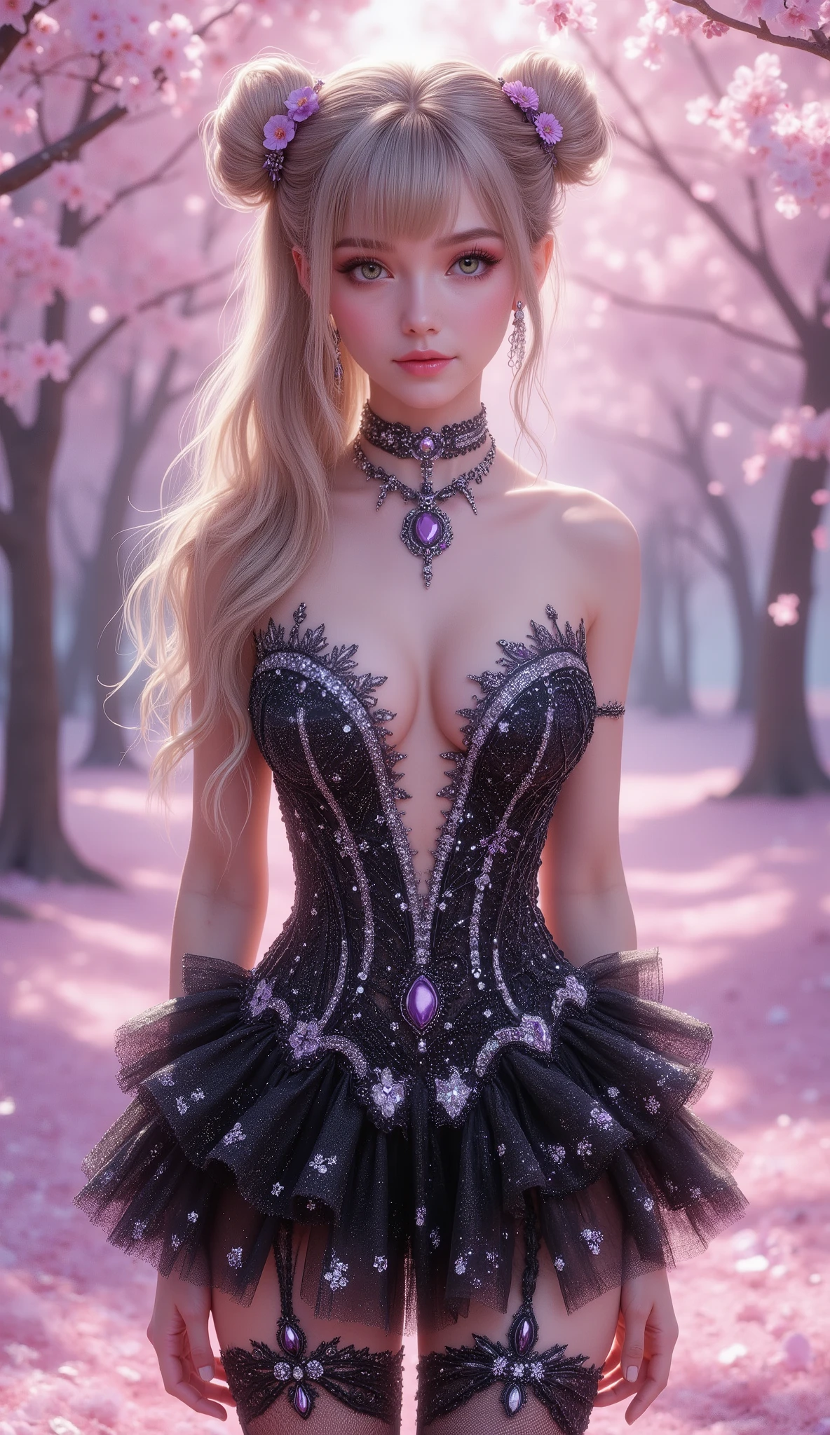 A young woman with fair skin and long, wavy blonde hair stands in a vibrant cherry blossom forest. Her hair is styled in two buns adorned with purple flower clips, and she wears an intricate black V-cut strapless dress with intricate silver embellishments, the dress design forming a honeycomb pattern, revealing her cleavage down to near her navel, accentuating her ample bosom. A matching, sparkling, frilly miniskirt and black thigh-high stockings with purple jeweled garters complete her ensemble. She accessorizes with a delicate silver necklace featuring a large purple pendant, matching earrings, and a choker. Her face is framed by soft makeup, emphasizing her large, expressive green eyes and full, pink lips. The background is a dreamy wash of pink and purple, with cherry blossoms blooming on the trees and scattered across the light pink ground, creating a magical and ethereal atmosphere.
