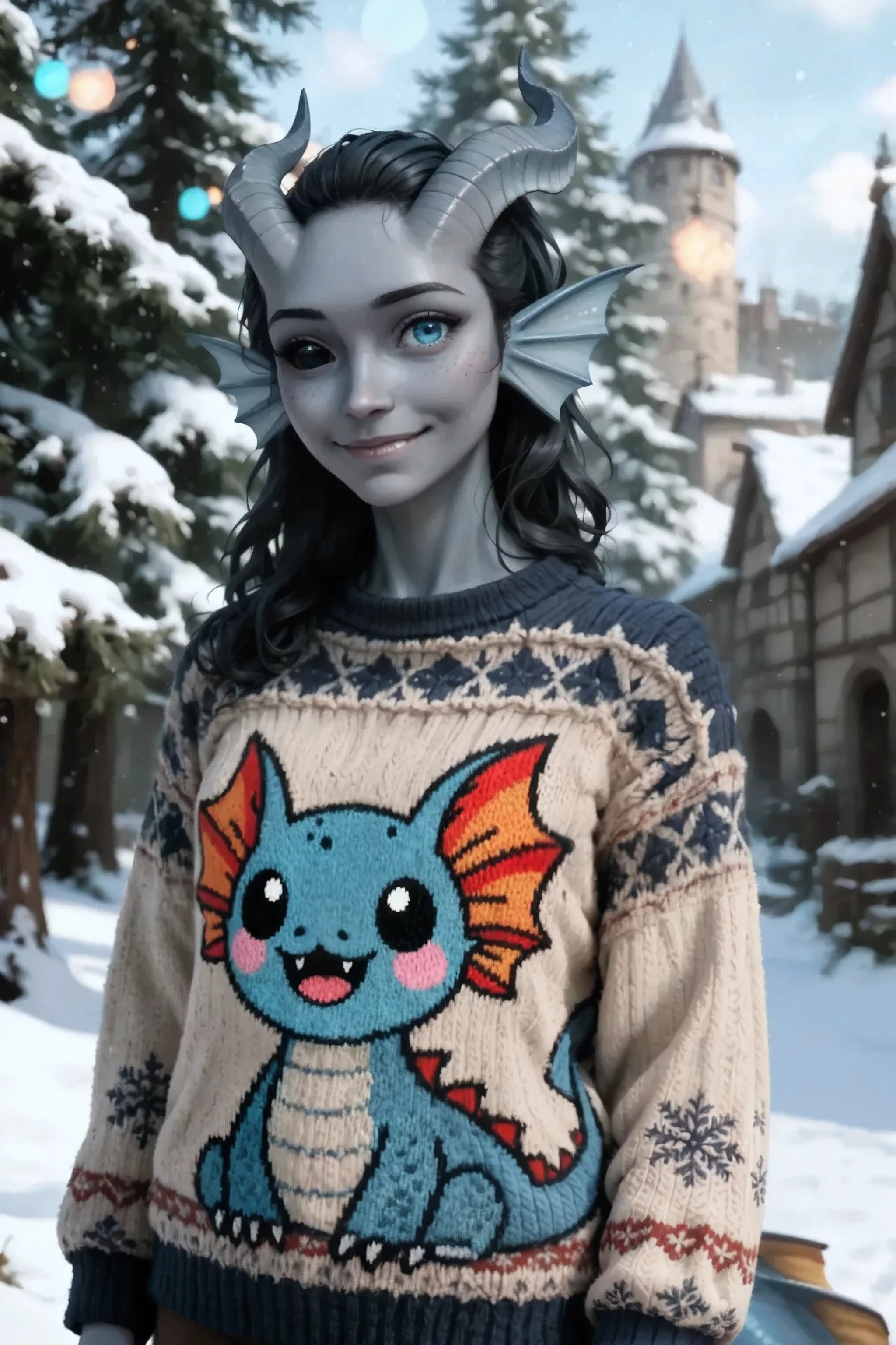 Kedra, dark blue-gray skin , (a slight insidious smile), (Wearing a sweater), (pigmentation of the shoulder:1.3), fins on her head, dark blue-gray horns, Loose black hair, bright blue eyes , hand bandages, ( Best hands ). (5 dark blue-gray fingers), against the background of a cedar winter forest. snowy cedars. The sweater is painted with a cute character_Fuli,
masterpiece, the best quality, ultra-detailed, Cinematic emotional static frame, 8K UHD, extremely detailed, physical visualization, HDR.