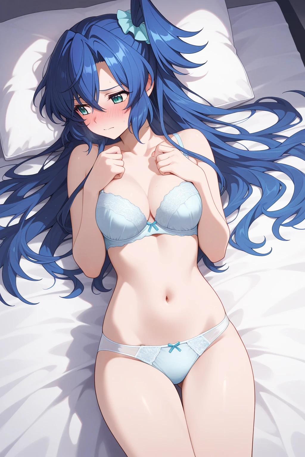 (masterpiece, best quality）a girl，white bikini，miniskirt，small breasts，pain，lying on white bed，spread legs，detail，soaking wet，get wet，blush，Awkward，Extreme fear，surprise，Extreme shyness，doubt