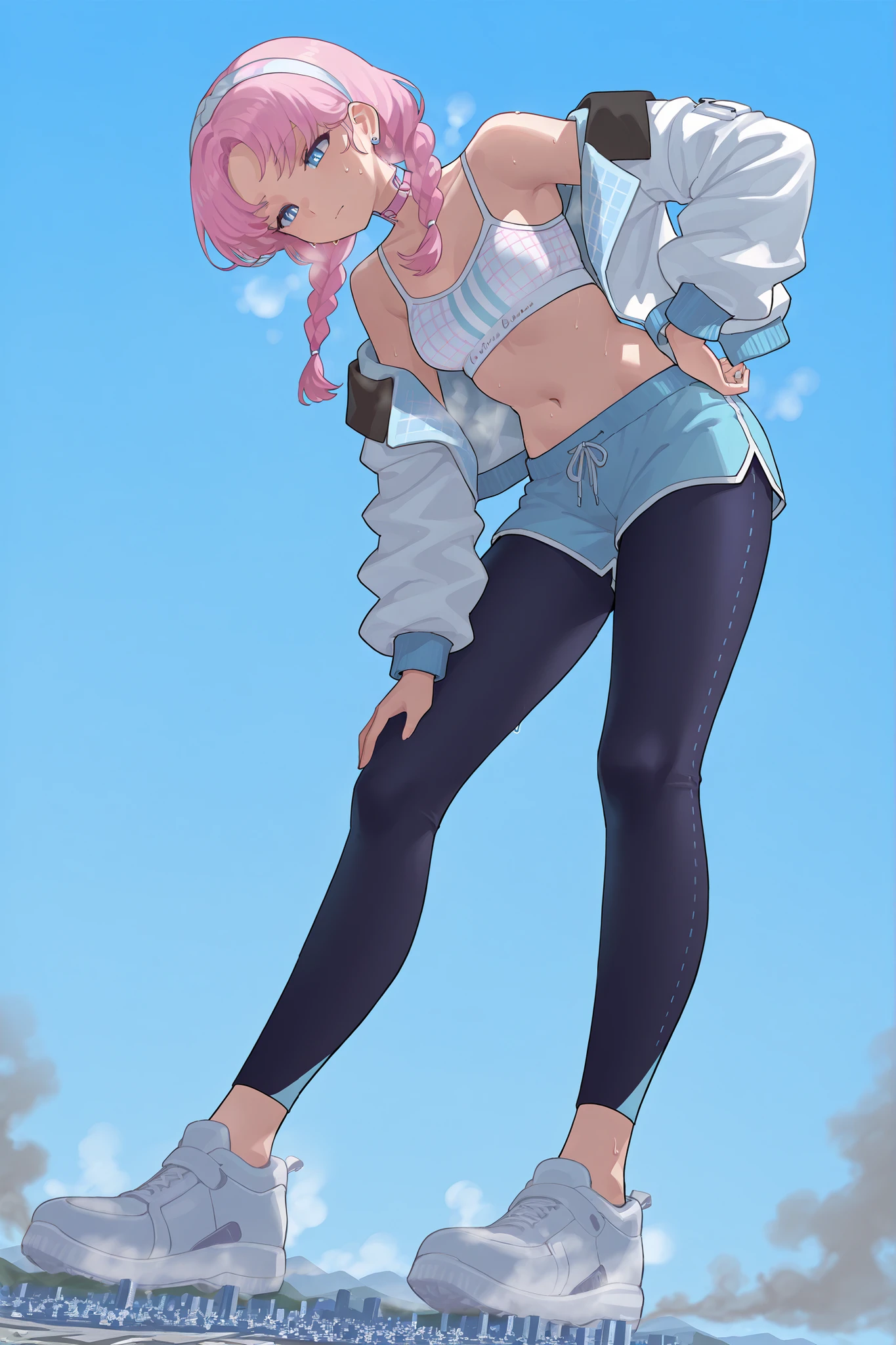 blue_poison_\(shoal_beat\), blue eyes , pink hair , twin braids, hairband, earrings, pink choker, bare shoulders,sports bra,midriff,white jacket , open jacket, blue shorts,black leggings, sneakers , sweat, (giantess:1.4), microcity, Scattered City, Steam, Blue Sky, informal costume, navel, thighs, fullbody , (face down), from below