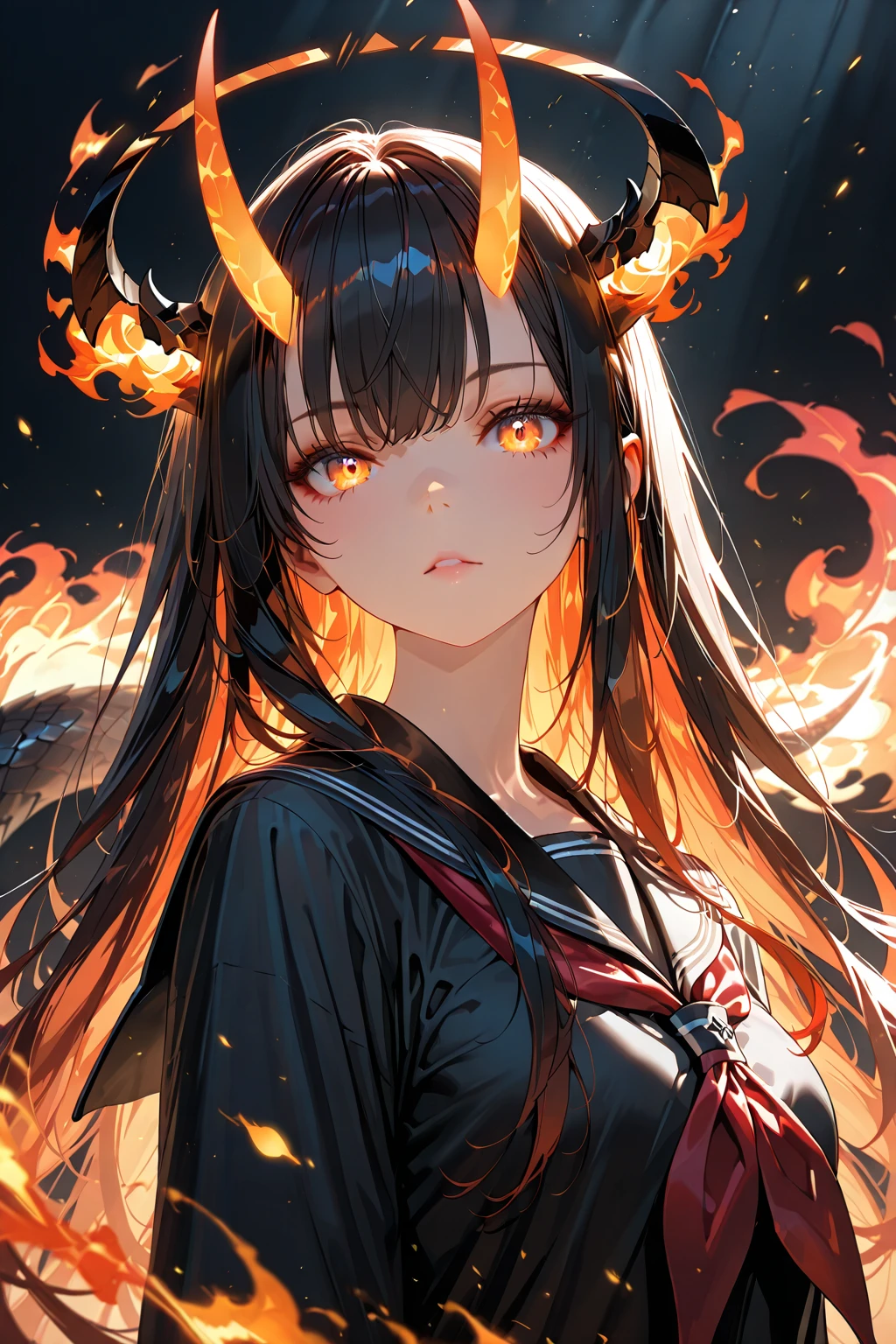 absurdres, 8k, 4k, masterpiece, hyper extreme detailed:1.2), solo, 1girl, front view, perfect face, 1girl, portrait, expressive eyes, looking at viewer, solo, green eyes, standing, mature female, , pale, long black hair, groan, casual wear, adult, looking forward, front view, black horns, confident, cautious, rational, messy hair, wind, windy, moving hair, moving clothes, swept bangs, front view, unyielding, mature body, tomboy, dragon tail, adult, black nails, wild hair, velvet crowe, scars, fatigue, Black Demonic Horns, Dragon Horns, Dragon Tail, fire, long skirt, hands in pockets, white shirt black letters,  shoulder, shoulder strap, suspenders, velvet crowe, velvet-outfit, red hair gradients, village background, fiery, flames, burning,
