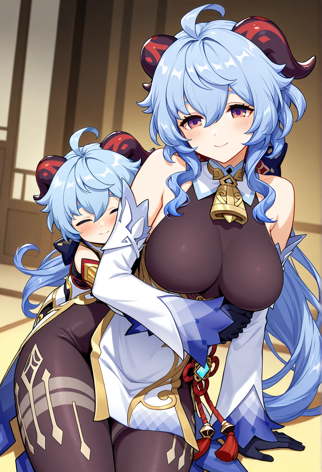 score_9, score_8_up, score_7_up, source_anime, BREAK, ((alp)), 2girls, ganyu genshin impact shenhe genshin impact, embracing eachother, looking at viewer, blush, embarassed, conjoined ?????? press, yuri, conjoined ???????, conjoined twins, 2 heads