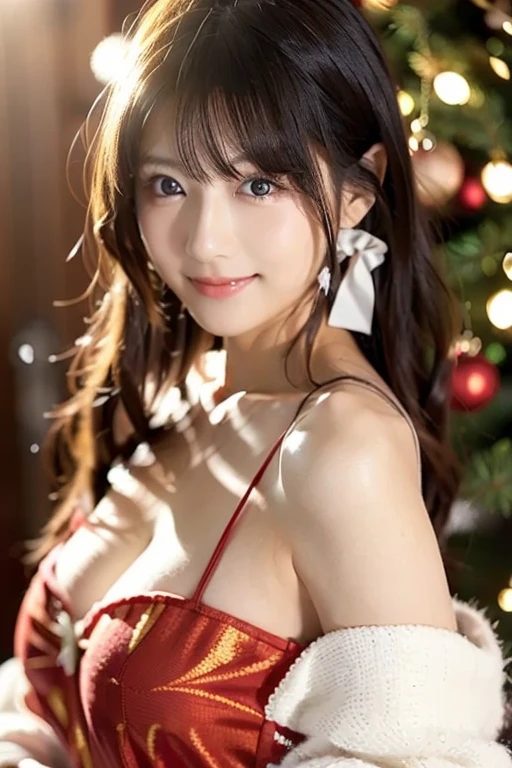 ulzzang -6500-v1.1, (Raw photo:1.2), (Photorealsitic), a beautiful detailed girl, (Real: 1.4), ighly detailedな目と顔, beatiful detailed eyes, ((girl in a red strapless dress:1.3)), (Standing in front of a beautifully decorated Christmas tree), ((Ultra-realistic pantyhose:1.2)), Squat on the floor、selfee、Instagram、game_nffsw, huge filesize, hight resolution, ighly detailed, top-quality, [​masterpiece:1.6], illustratio, ighly detailed, nffsw, finely detail, top-quality, 8k wallpaper, Cinematographic lighting, 1girl in, 17 age, perfect body type, cute droopy eyes beautiful big eyes、Pieckfinger, ((masutepiece)), Best Quality, 1girl in, eye shadow,  Idol makeup、Portrait, ((FULL BODYSHOT:1.4))、(Very affectionate smile:1.2)、realistic skin textures、shinny skin、Exposed thighs!!! Christmas,Fun atmosphere,Twinkling lights,soft snowflakes fall,Best Quality,4K,Ultra-detailed,Vibrant colors,pine scent,Cozy,romantic,Cheerful,breathtaking scenery,Warmth,Happiness,Magical,Holiday spirit,Winter wonderland,pure love and kindness.、off shoulders、((I keep my hair up and short))、a baby face、a navel