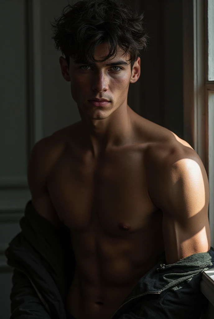 <lora:Aaron_Cohen_v1_GV:1>, black hair, brown eyes, handsome, young, twink, topless, wearing tight brown pants.  (((large hard perky nipples)))  <lora:muscle_slider_v1:-2>