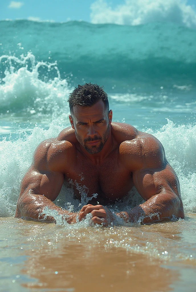 (best quality:1.5, surrealism:1.5, realistic:1.4, Incredibly detailed CG unit 8k wallpapers:1.5, masterpiece:1.3, Detailed photos filled with passion:1.2), (Surreal realistic texture:1.4), very detailed, ((masterpiece, best quality)), ,very detailed 8K 배경화면, 1 Korean male, (Korean man who looks like a K-pop idol), 20 years, amazing, detailed face, stump, muscular, , swimsuit, surfing, real photo, surfinging in the sea, voluptuous breasts, big, defined, muscular 몸, sexy, detailed hand, perfect hands, big , big 깃털, bounce, how, no wear, , full , Without top or , fully erected, , stroking his , 