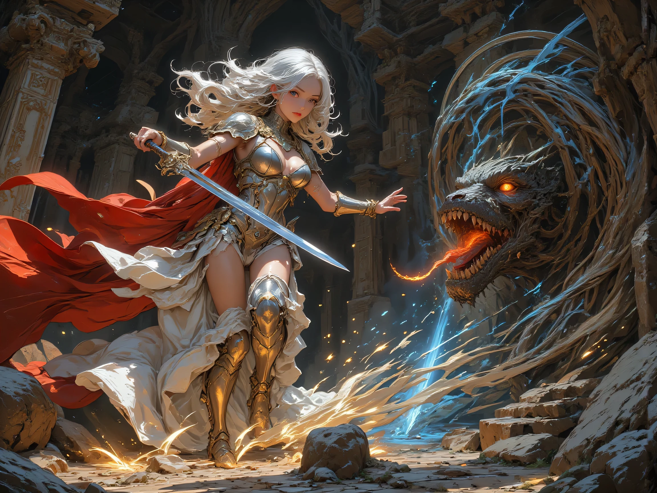 Masterpiece, ultra-detailed cinematic photoreal 8k, breathtakingly beautiful Dragon Quest female warrior in the midst of fierce battle against a vicious Mimic in ancient dungeon, live-action style.
She has flawless porcelain skin glistening with light sweat under torchlight, perfect symmetrical face, large sparkling emerald eyes filled with determination and slight shy blush, long silver-white wavy hair whipping dynamically.
Wearing classic silver breastplate that fully covers chest, silver bracers and greaves, red cape dramatically billowing backward from the impact. Around hips, a long semi-sheer white silk loincloth veil tied at the side, elegantly fluttering as she moves, modestly covering while adding graceful ethereal flow.
Dynamic action pose: leaping slightly sideways with powerful sword raised high in both hands for a downward slash, body arched beautifully, toned abs and thighs tensed, massive chest heaving with breath. The ferocious Mimic (classic wooden treasure chest with sharp teeth, glowing red eyes, long red tongue, clawed arms) lunging toward her from the front, mouth wide open.
Sparks flying, stone fragments in air, dramatic rim lighting and god rays cutting through dust, ancient runes glowing blue on floor, mossy wet walls, intense cinematic atmosphere, motion blur on cape and hair, ultra-sharp focus on her face and sword, Canon EOS R5 85mm f/1.2