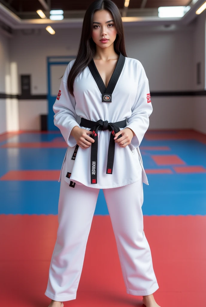 high quality, masterpiece, indoors, dojo, facing forward, thick thighs, six pack, dominant, confident, bea \(pokemon\), bow hairband, print shirt, tied shirt, black , tight ,  under clothes, single glove, print shorts, knee pads, barefoot