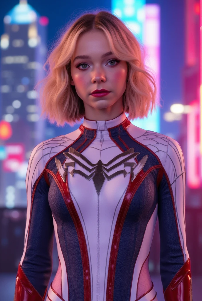 Stand on a tall building，Facing away，Twist your head，moon full，The lens zooms out，natta，The pose is exaggerated，25 years old spider girl，gwyn，Female Spider-Man，Wenger Spider-Man costume outfit，（(White pink clothing))，24mm，4K textures，low-light，HDR，复杂，with short golden hair，highly details，（One side of the shaved head：1.3），Sharp focus，insanely details，Complicated details，hyper-detailing